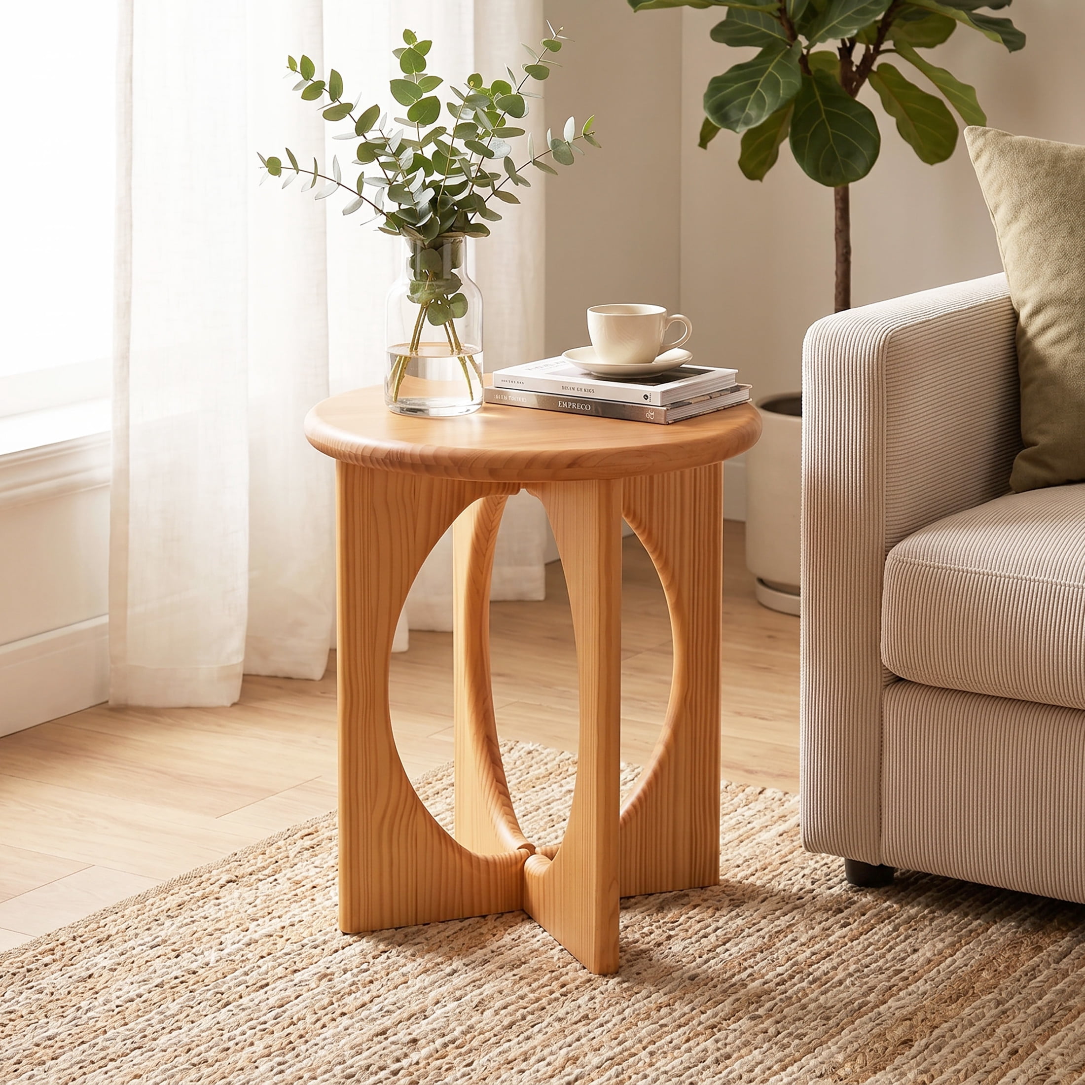Christopher Knight Home Round End Table, Solid Wood Geometric Cross-Leg Accent Side Table, Natural