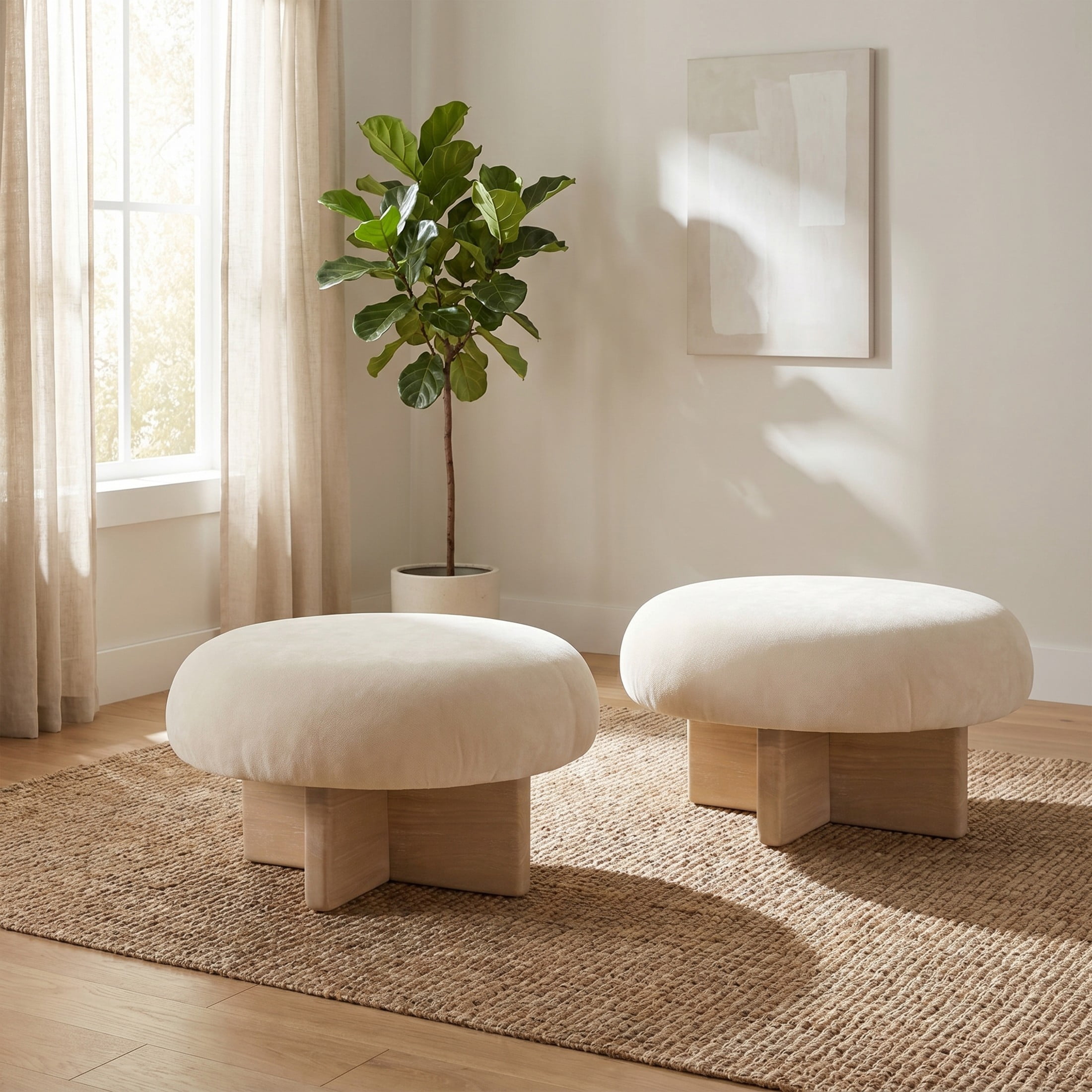 Christopher Knight Home Round Mushroom Upholstered Ottoman Stools, Set of 2, Beige + Natural