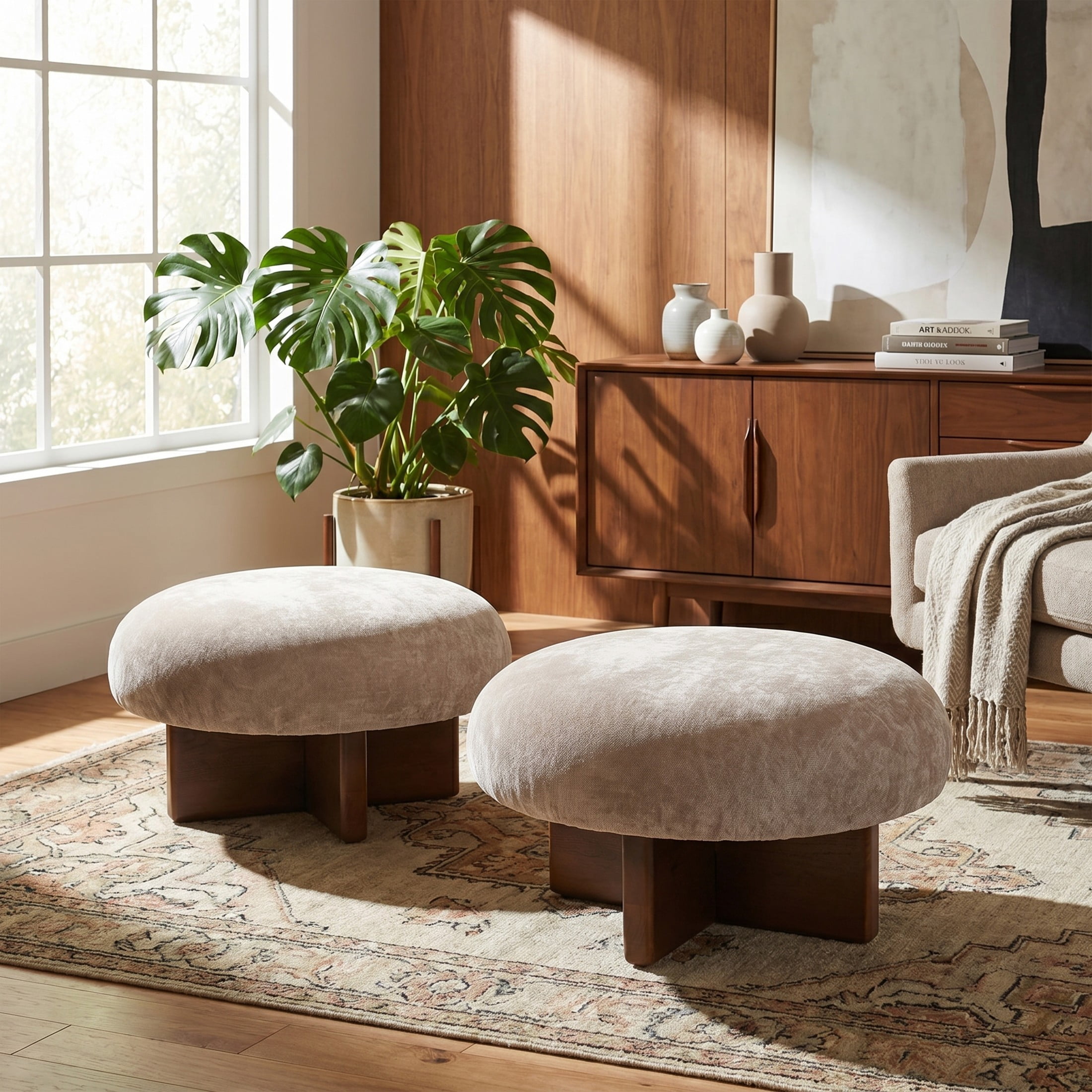 Christopher Knight Home Round Mushroom Upholstered Ottoman Stools, Set of 2, Light Brown + Walnut