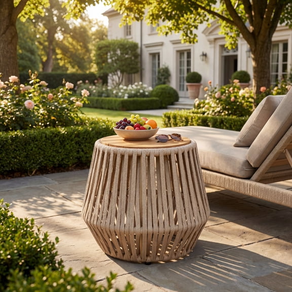 Christopher Knight Home Round Outdoor Acacia Wood Accent Side Table with Beige Rope, Light Teak Finish