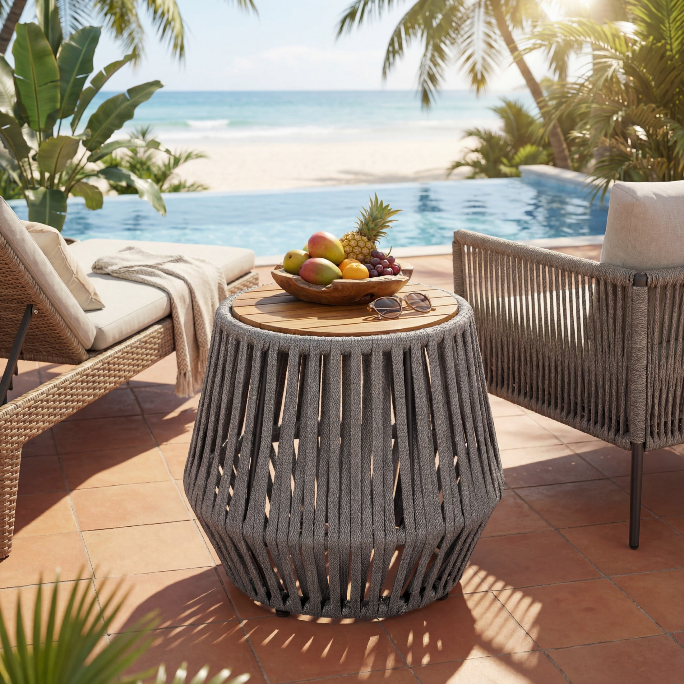 Christopher Knight Home Round Outdoor Acacia Wood Accent Side Table with Gray Rope, Teak Finish