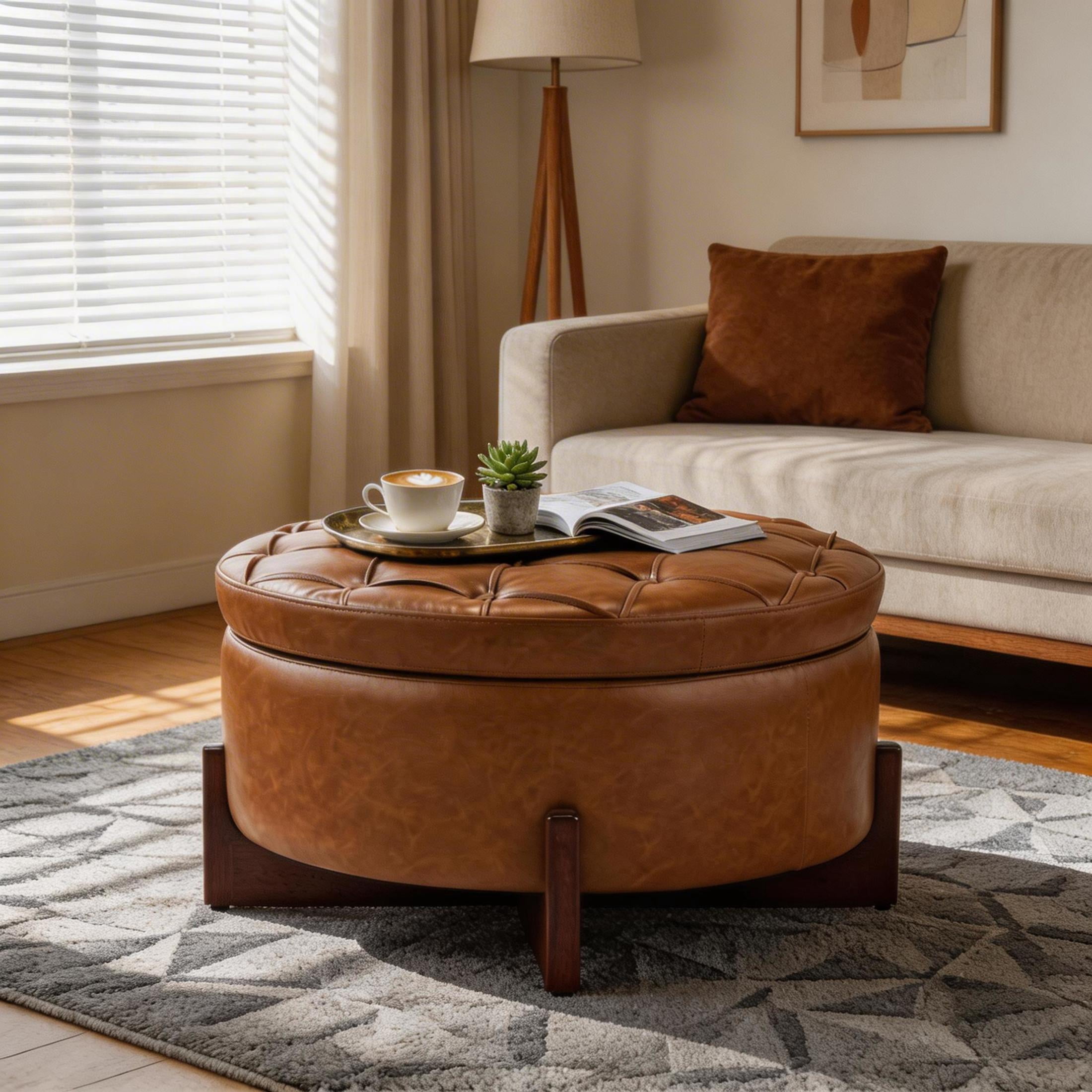 Christopher Knight Home Round Storage Ottoman with Reversible Lid, Tufted Leather Coffee Table, Brown