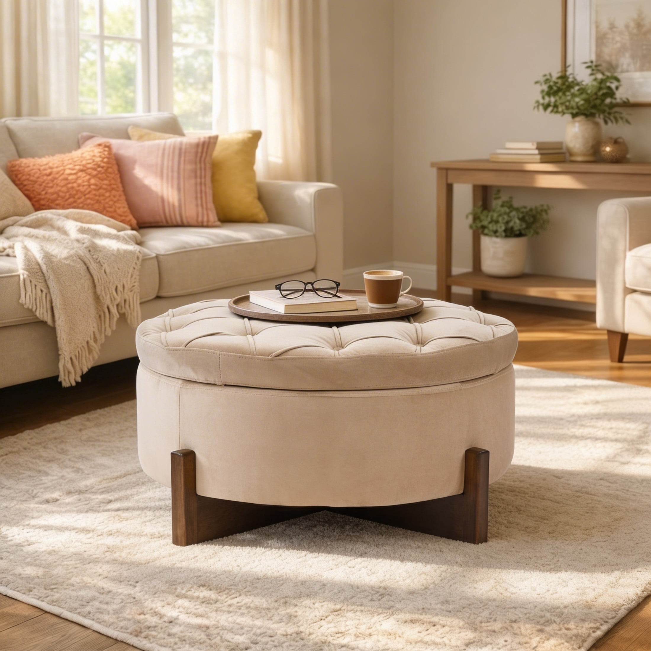 Christopher Knight Home Round Storage Ottoman with Reversible Lid, Tufted Velvet Coffee Table, Camel