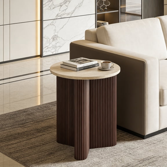Christopher Knight Home Round Top Side Table with Ribbed Base, Modern Accent End Table, Brown + Marble