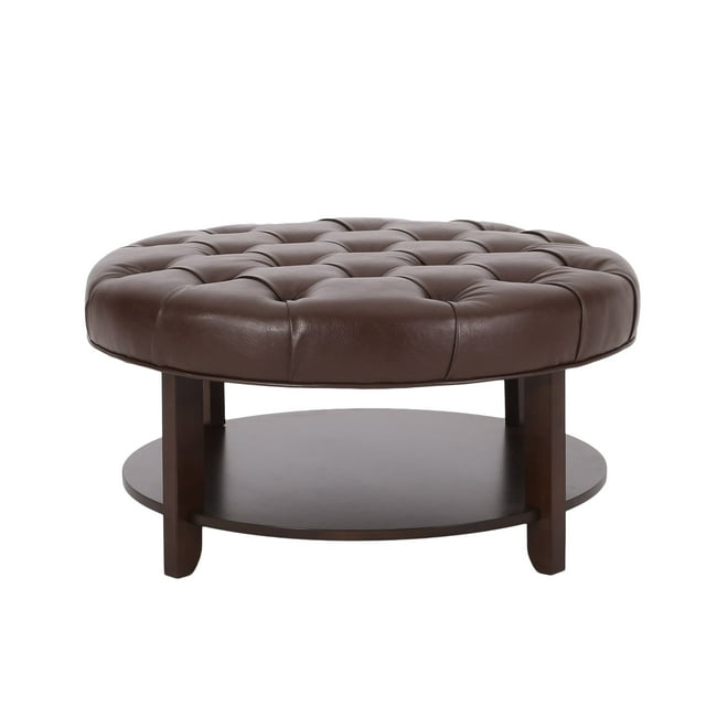 Christopher Knight Home Rumbrook  Faux Leather and Rubberwood Round Ottoman with Open Shelf by  Espresso/ Dark Brown