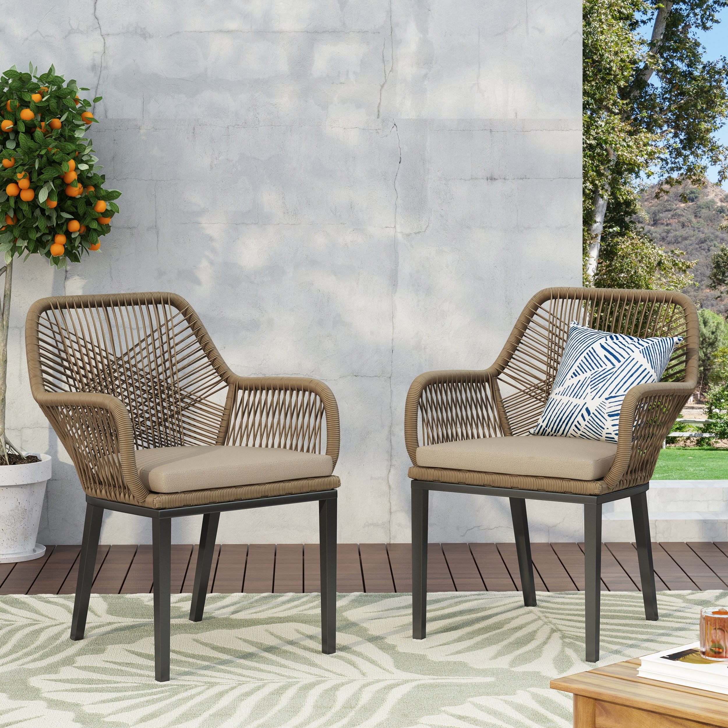 Set of 2 Light Brown Wicker Dining Chairs with Beige Cushions