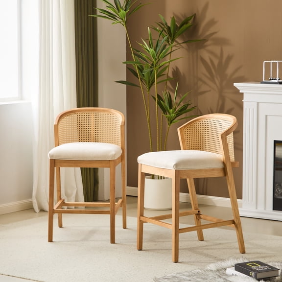 Christopher Knight Home Counter Height Bar Stools, Wood Frame and Rattan Backrest, Natural+Beige, Set of 2