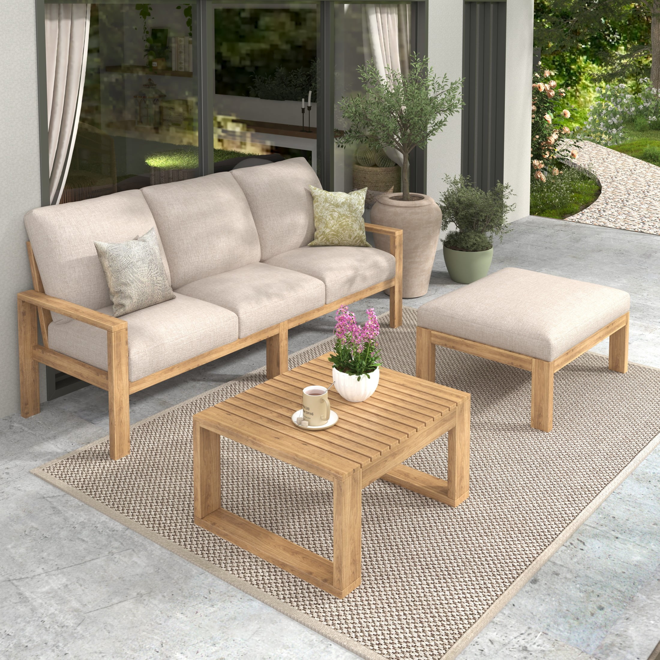 Christopher Knight Home Rustic 3-Piece Sectional Patio Sofa Set with Ottoman and Coffee Table, Light Gray