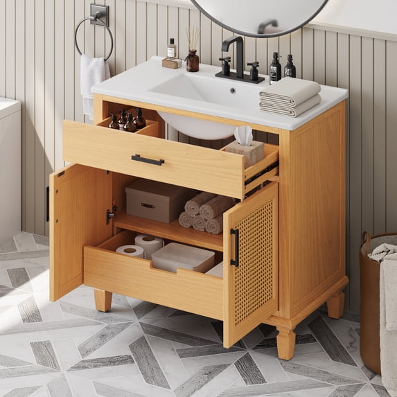 Christopher Knight Home Rustic 36" Bathroom Vanity with Ceramic Sink, Woven Rattan Doors, Natural