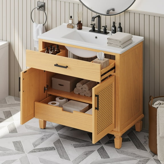 Christopher Knight Home Rustic 36" Bathroom Vanity with Ceramic Sink, Woven Rattan Doors, Natural