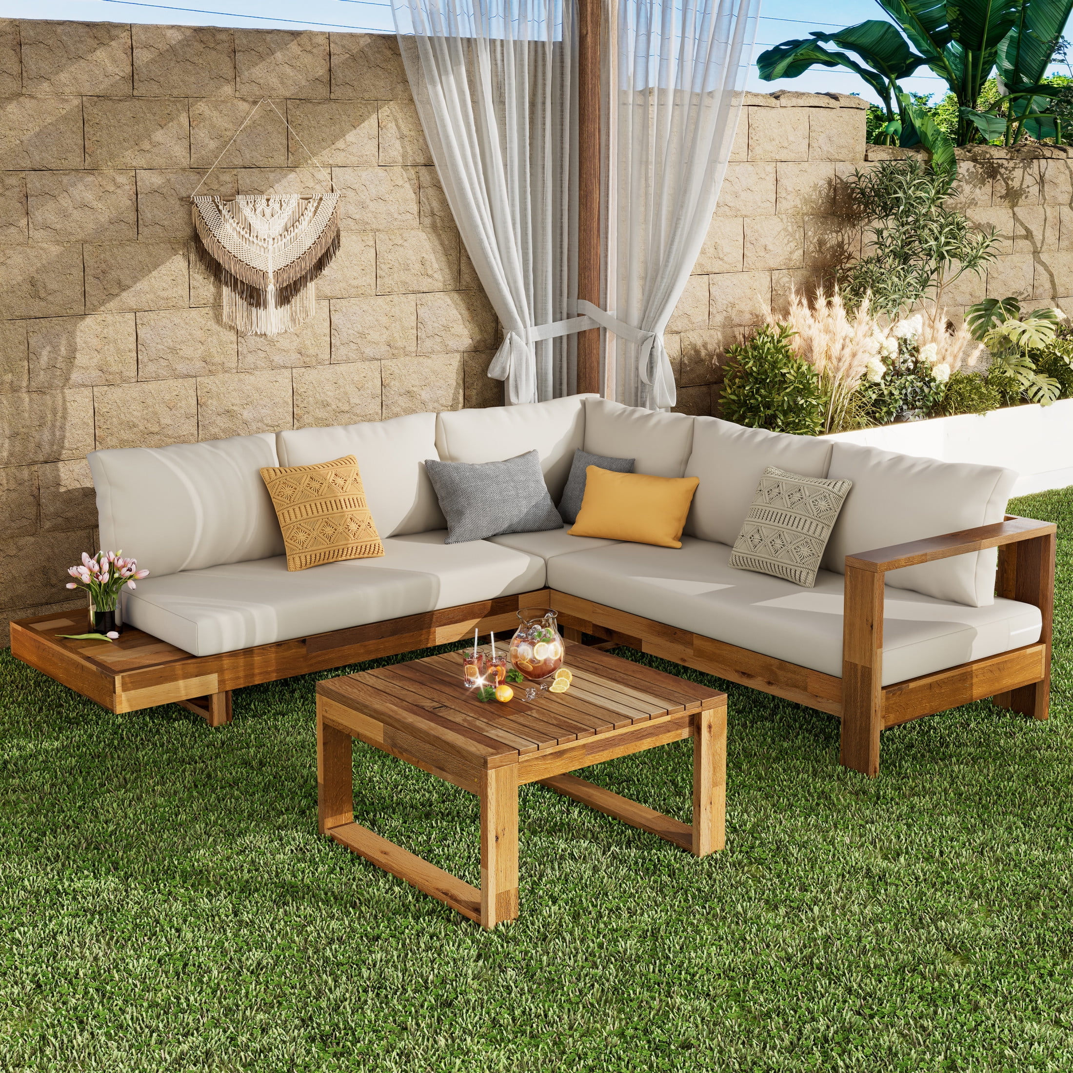 Christopher Knight Home Rustic 4-Piece Sectional Patio Sofa Set, L-Shaped Sofa with Ottoman and Coffee Table, Beige