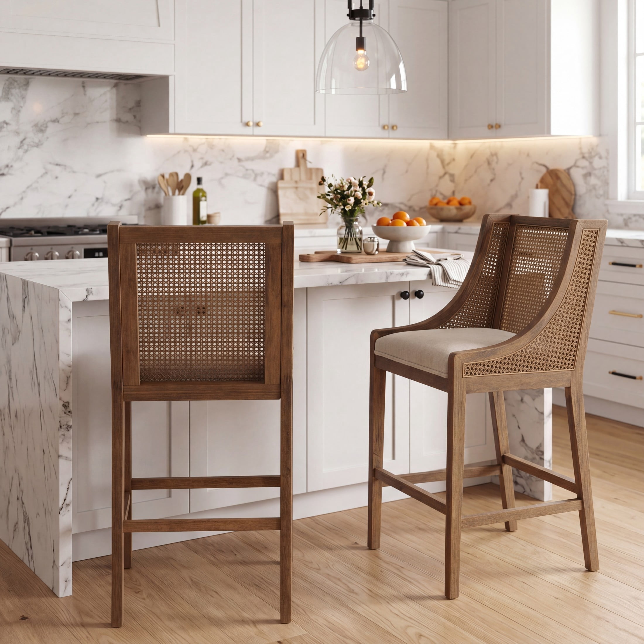 Christopher Knight Home Rustic 43.5"H Bar Stools with Cane Back, Wood Frame, Beige+Walnut, Set of 2