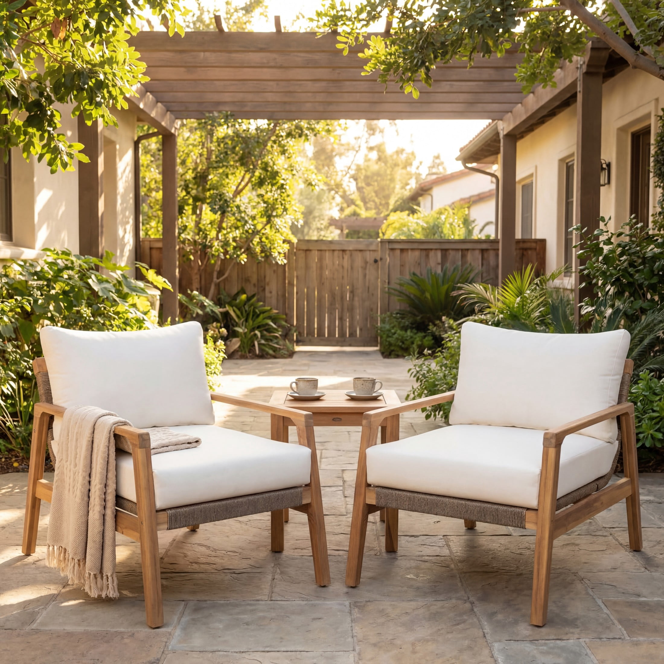 Christopher Knight Home Rustic Outdoor Acacia Wood Club Chair with Curved Rope Back, White Cushion, Set of 2