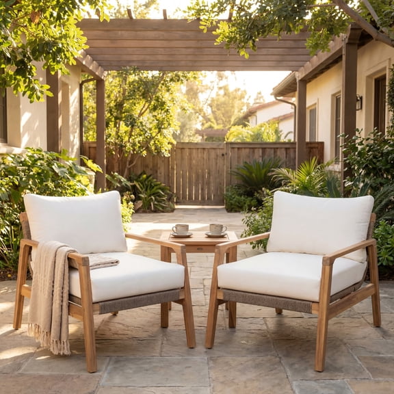Christopher Knight Home Rustic Outdoor Acacia Wood Club Chair with Curved Rope Back, White Cushion, Set of 2