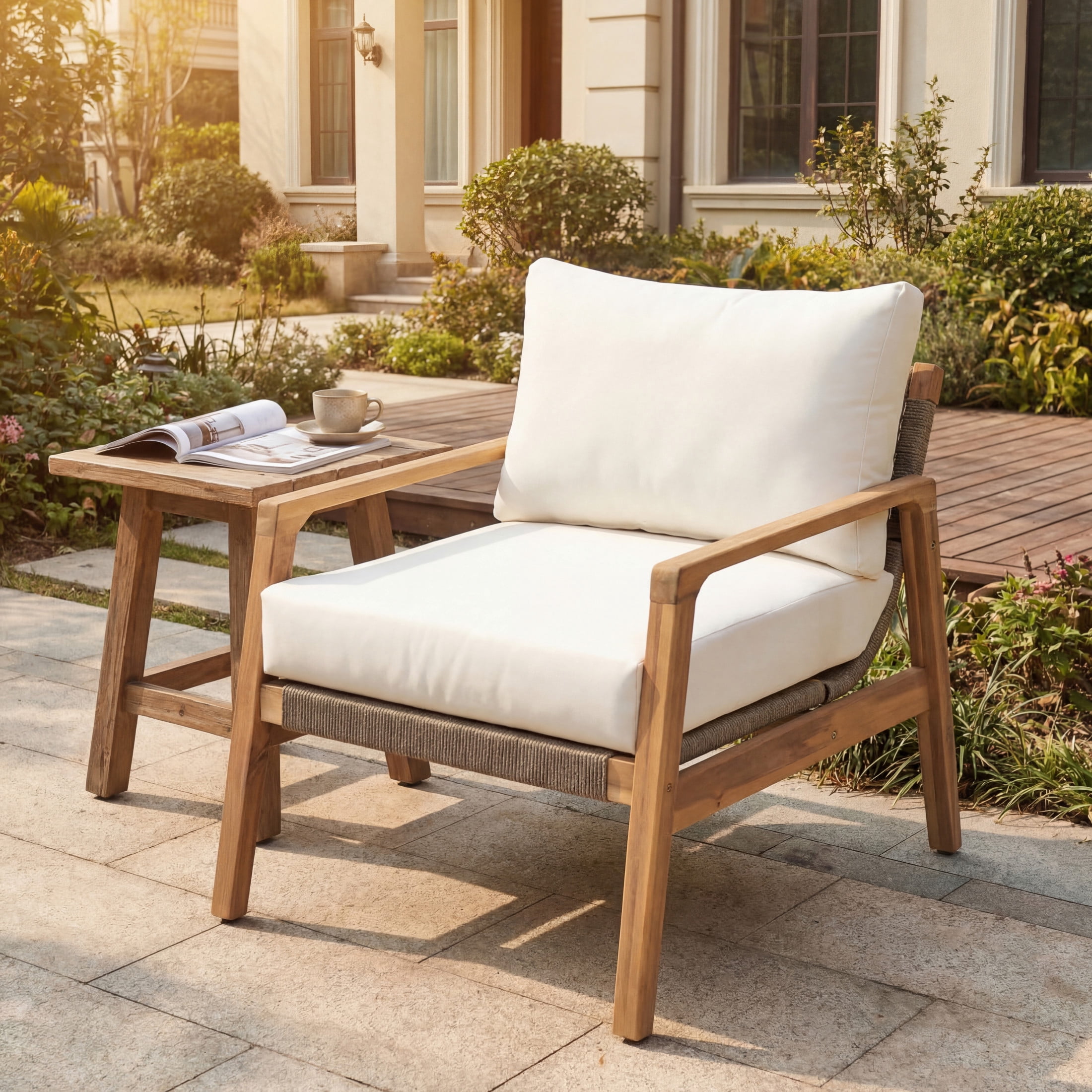 Christopher Knight Home Rustic Outdoor Acacia Wood Club Chair with Curved Rope Back, White Cushion