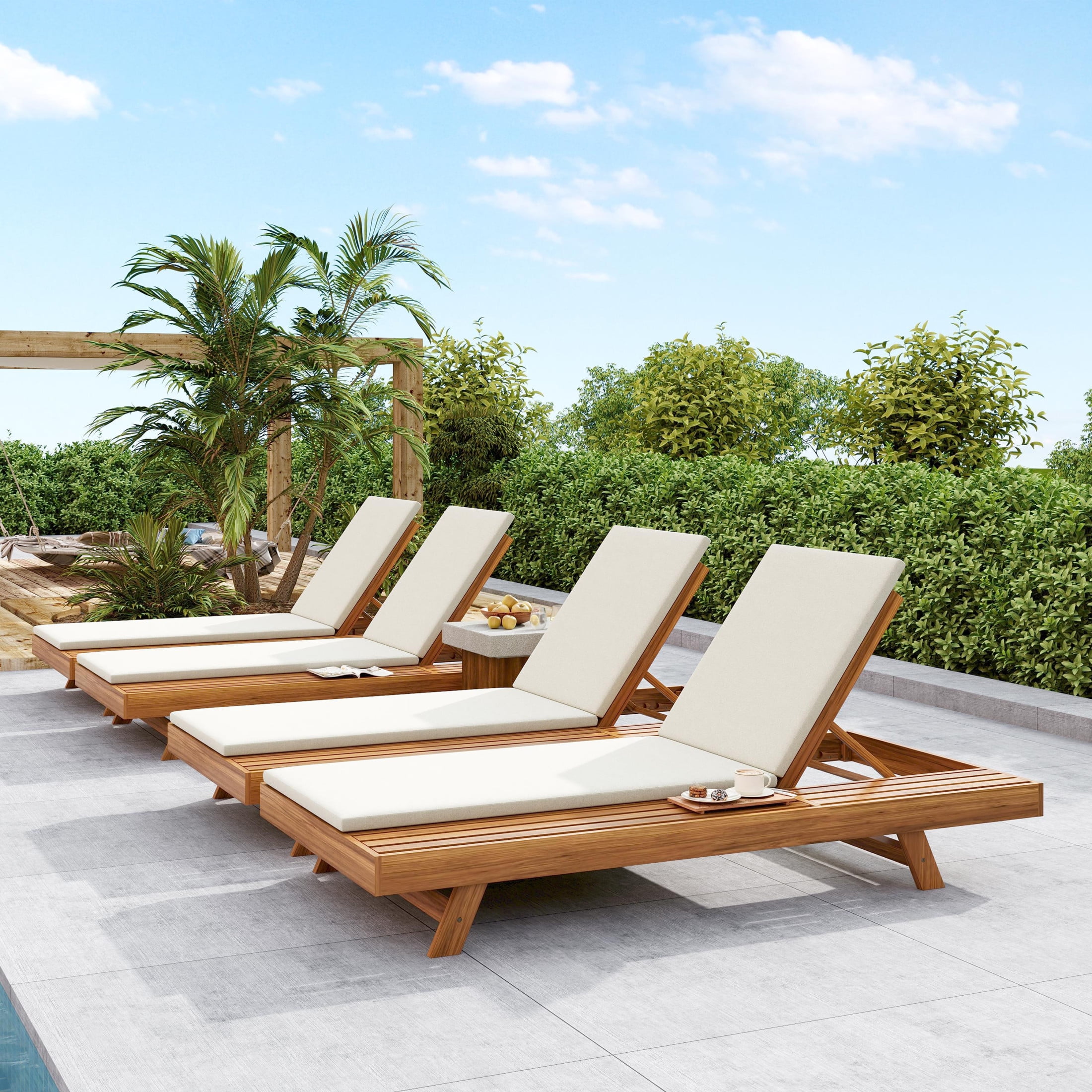Christopher Knight Home Rustic Outdoor Chaise Lounge Chair with Cushion, Adjustable 4-Position Backrest, Cream, Set of 4