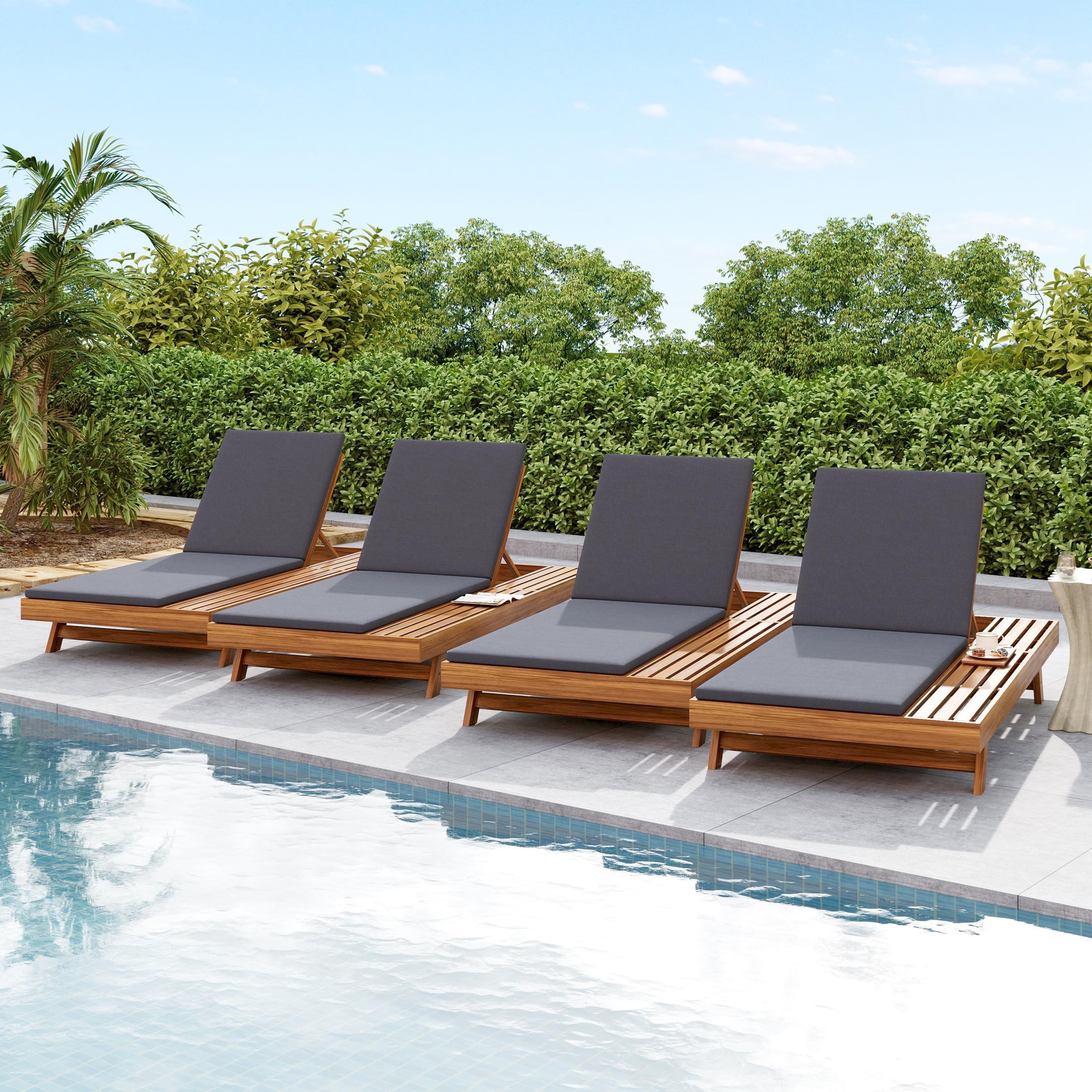 Christopher Knight Home Rustic Outdoor Chaise Lounge Chair with Cushion, Adjustable 4-Position Backrest, Dark Grey, Set of 4