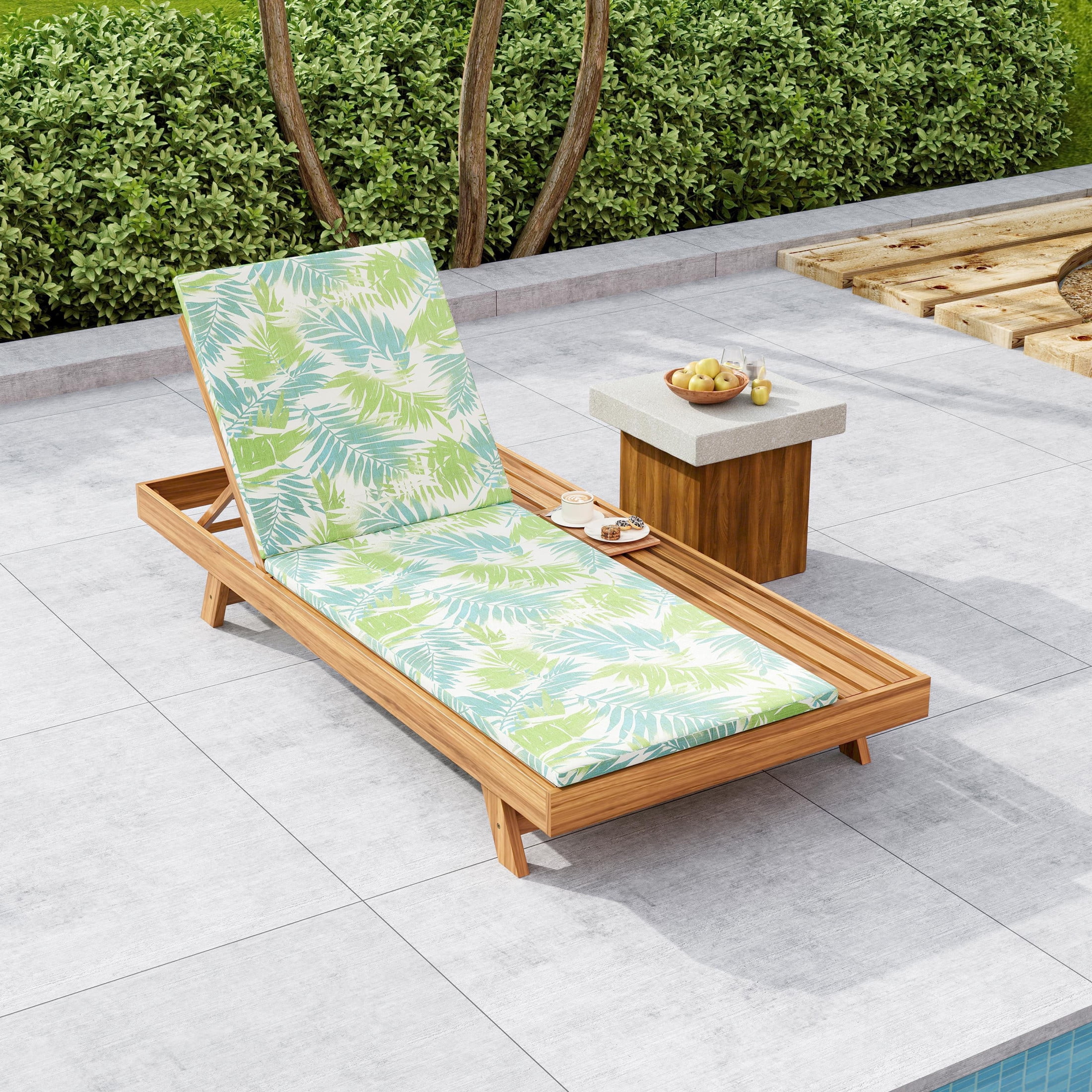 Christopher Knight Home Rustic Outdoor Chaise Lounge Chair with Cushion, Adjustable 4-Position Backrest, Leaf-Patterned