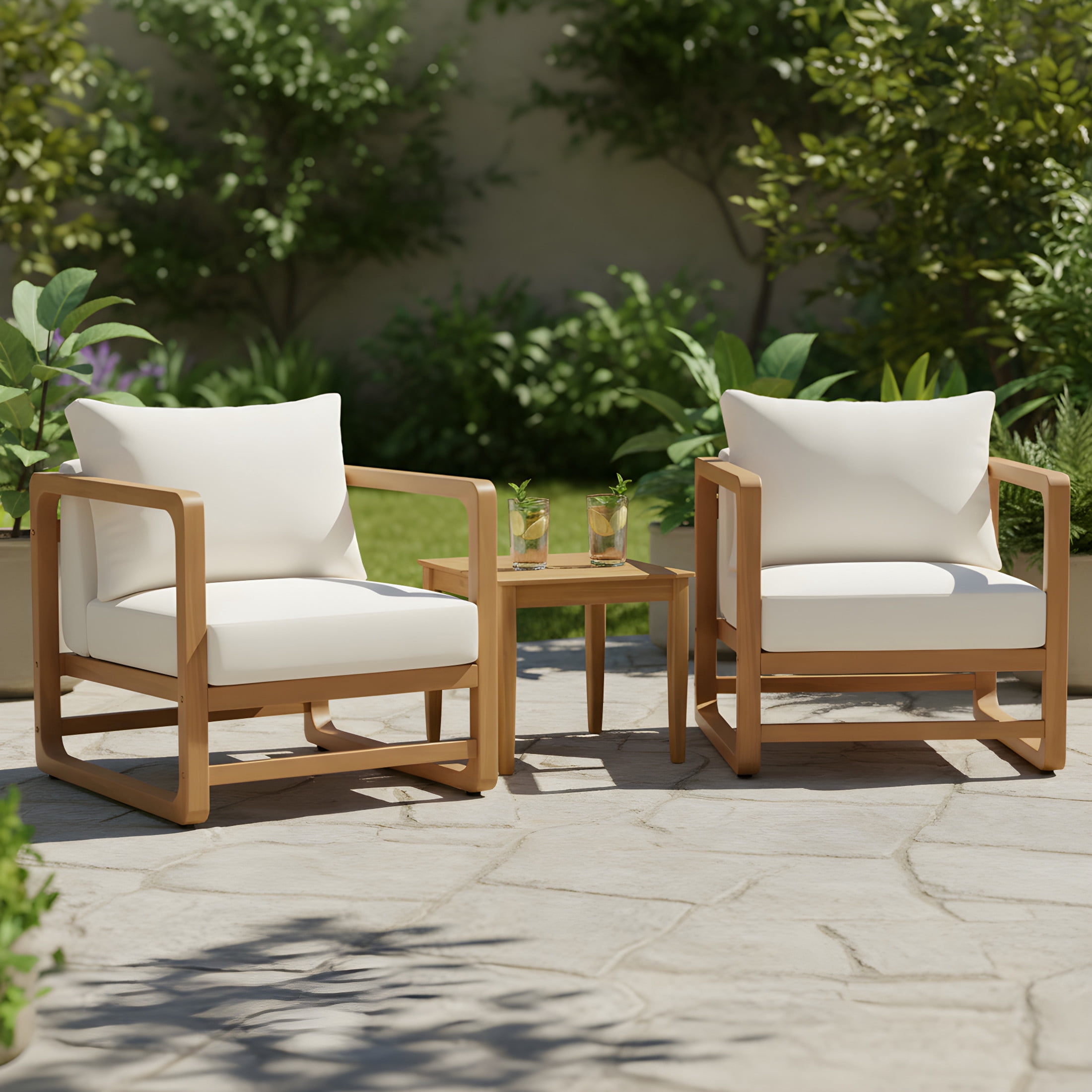Christopher Knight Home Rustic Outdoor Chat Set, Acacia Wood Lounge Chairs & Slat Table, Beige Cushion