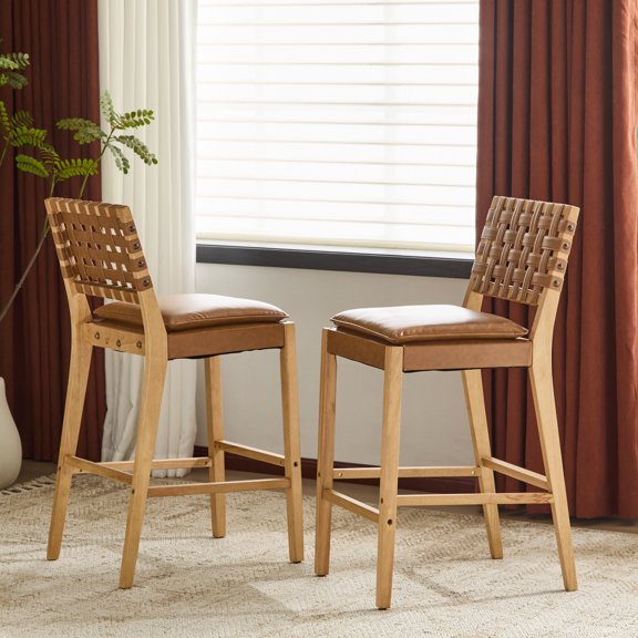 Christopher Knight Home Rustic PU Upholstered Barstools, Rivet Accents, Solid Wood Frame, Brown, Set of 2