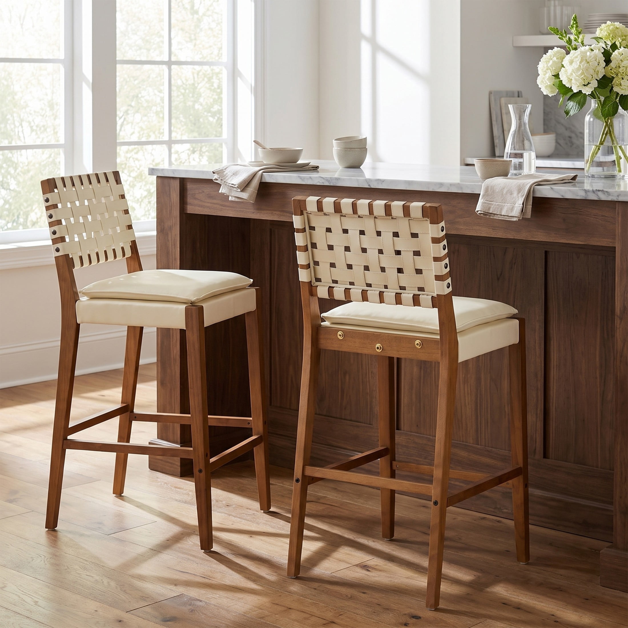 Christopher Knight Home Rustic PU Upholstered Barstools, Rivet Accents, Solid Wood Frame, Cream White, Set of 2