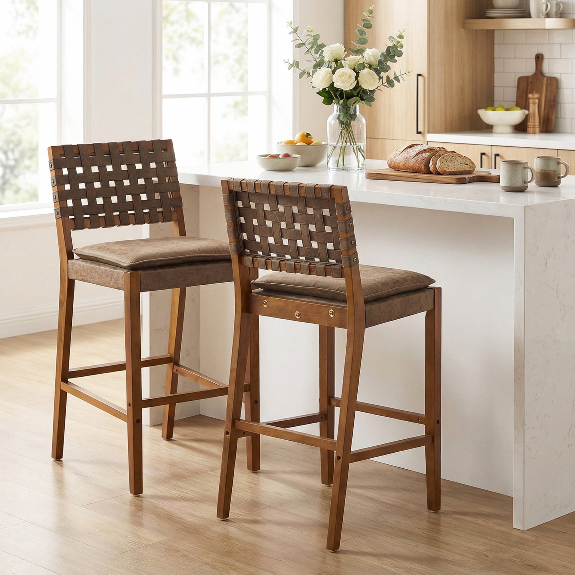 Christopher Knight Home Rustic PU Upholstered Barstools, Rivet Accents, Solid Wood Frame, Dark Brown, Set of 2