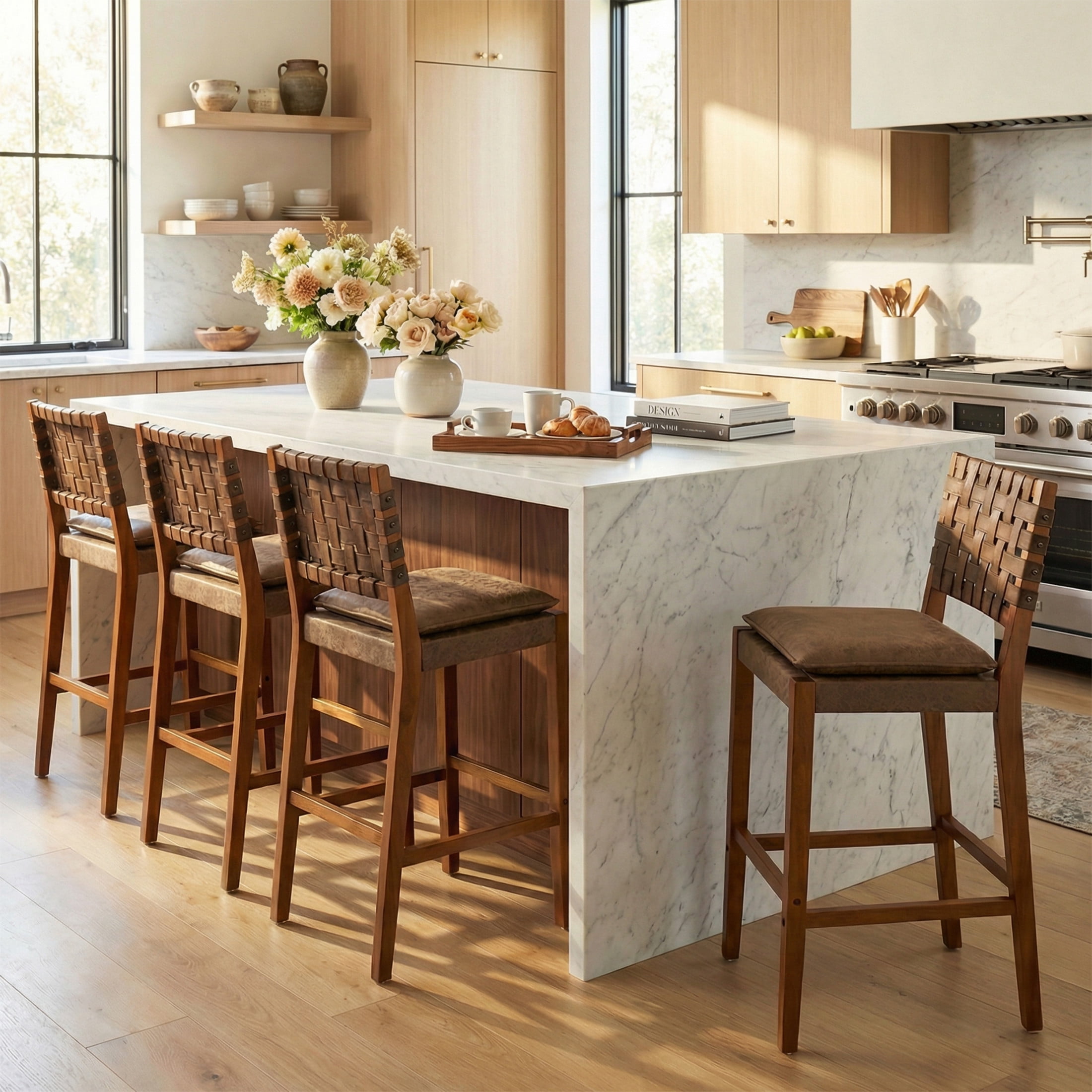 Christopher Knight Home Rustic PU Upholstered Barstools, Rivet Accents, Solid Wood Frame, Dark Brown, Set of 4