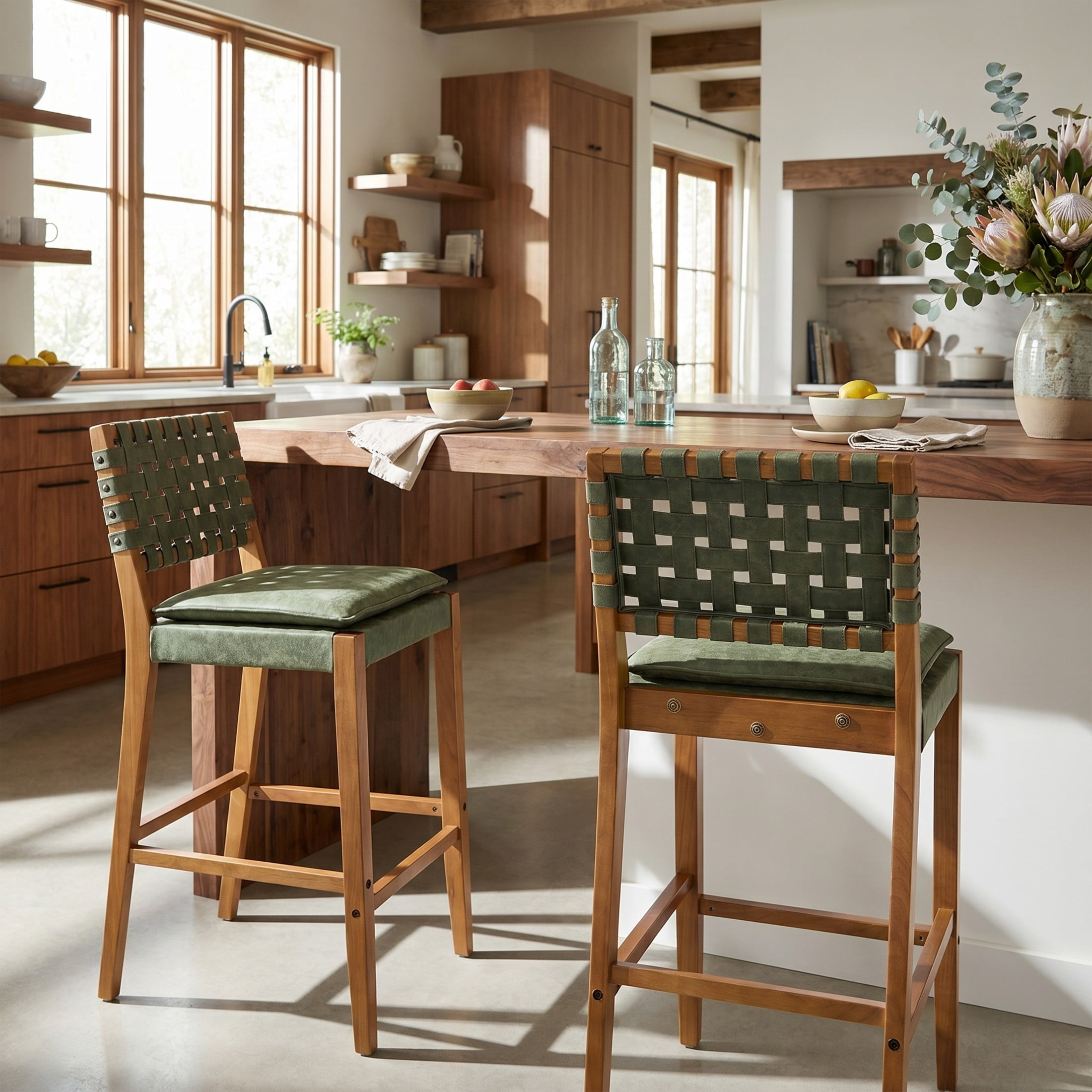 Christopher Knight Home Rustic PU Upholstered Barstools, Rivet Accents, Solid Wood Frame, Green, Set of 2