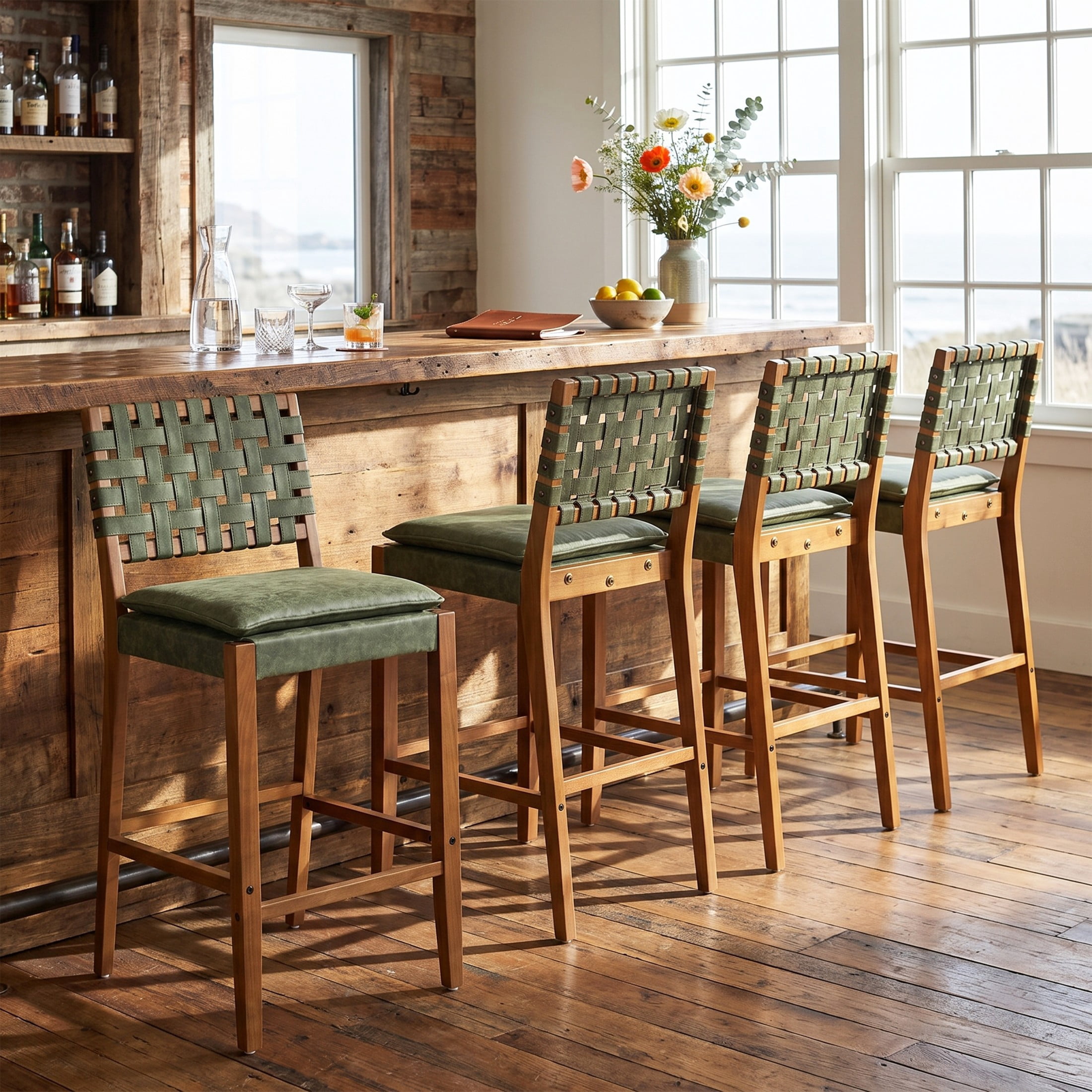 Christopher Knight Home Rustic PU Upholstered Barstools, Rivet Accents, Solid Wood Frame, Green, Set of 4