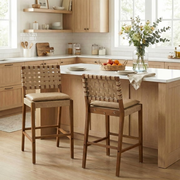 Christopher Knight Home Rustic PU Upholstered Barstools, Rivet Accents, Solid Wood Frame, Light Brown, Set of 2