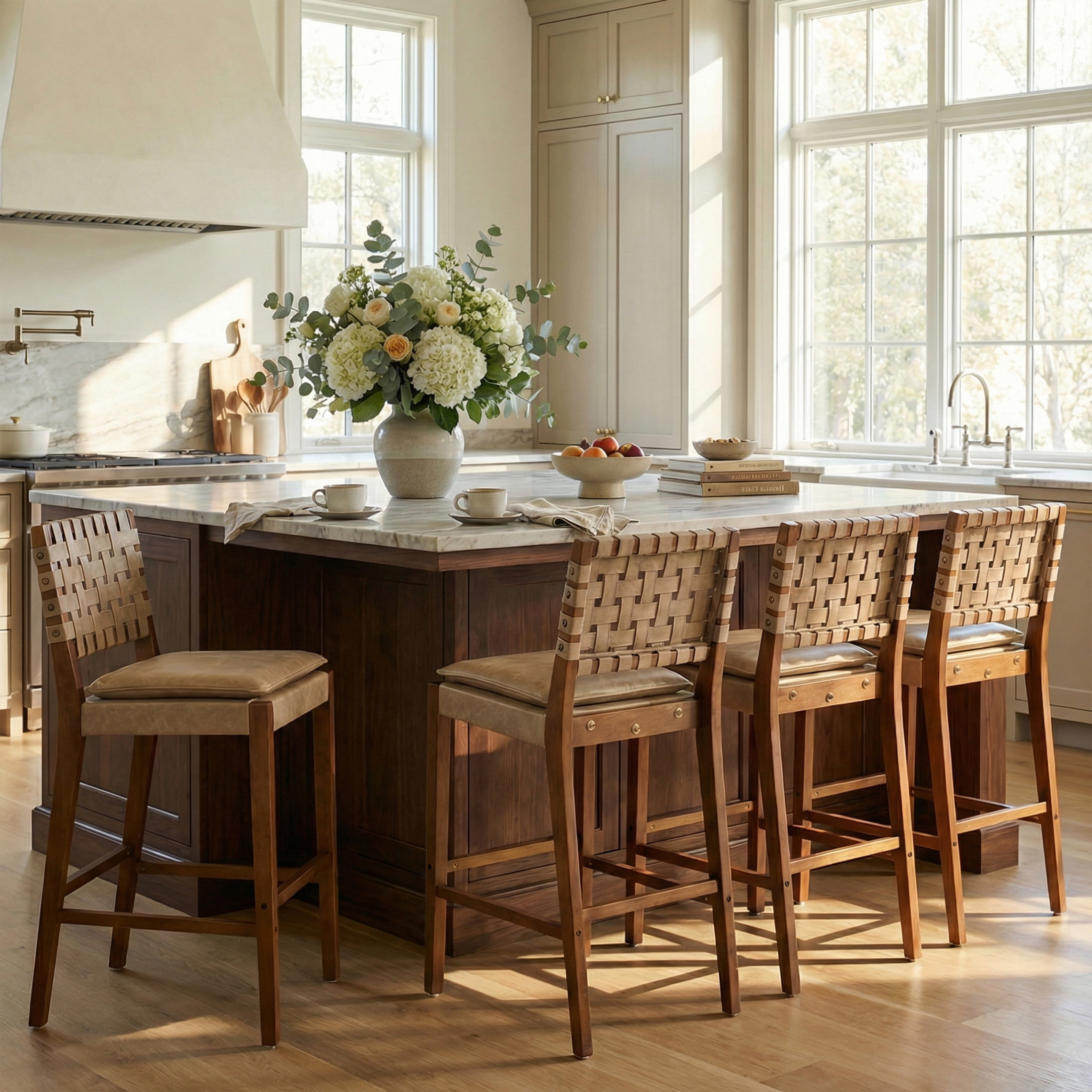 Christopher Knight Home Rustic PU Upholstered Barstools, Rivet Accents, Solid Wood Frame, Light Brown, Set of 4