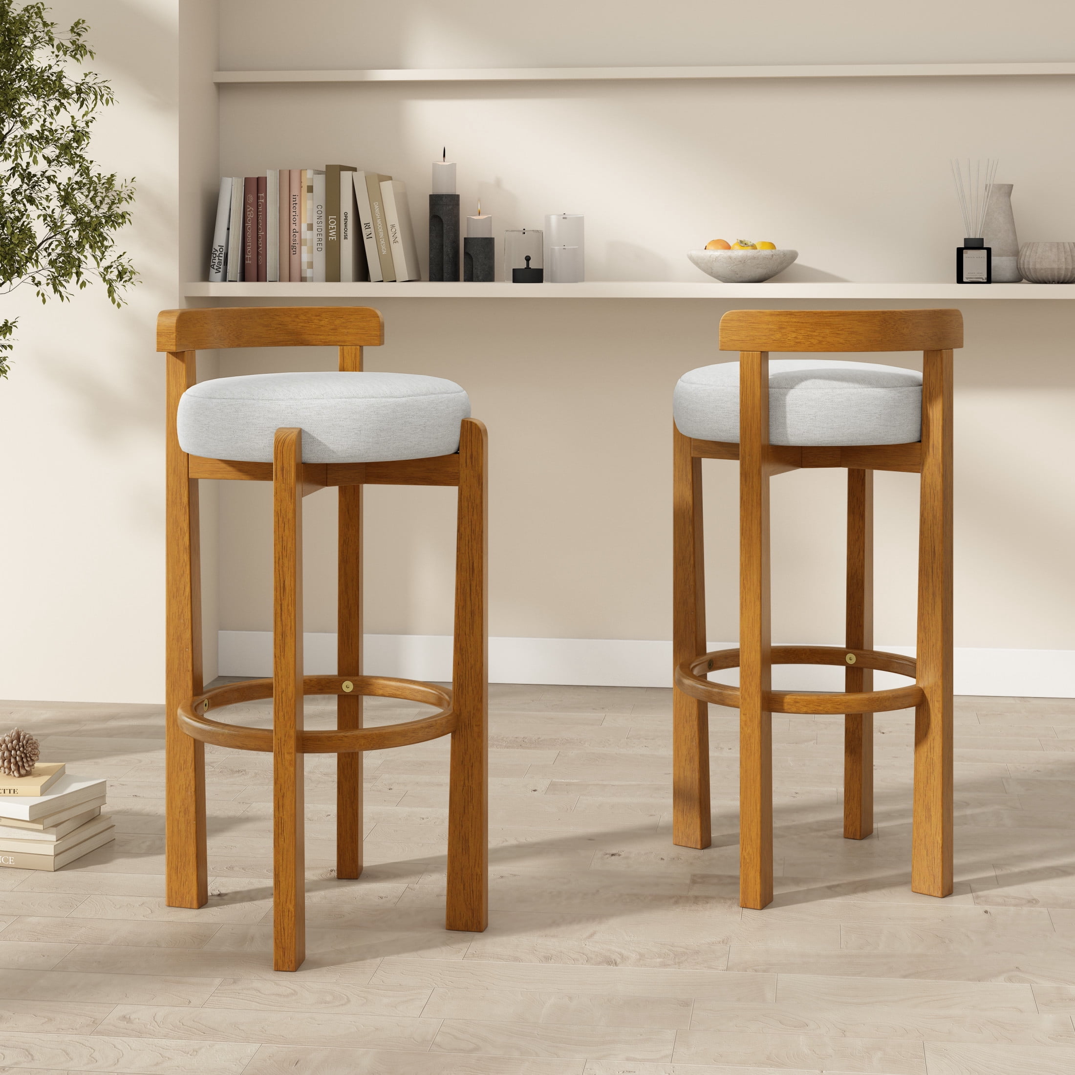 Christopher Knight Home Rustic Upholstered Bar Stools with Round Backs, Solid Wood Frame, Ivory, Set of 2