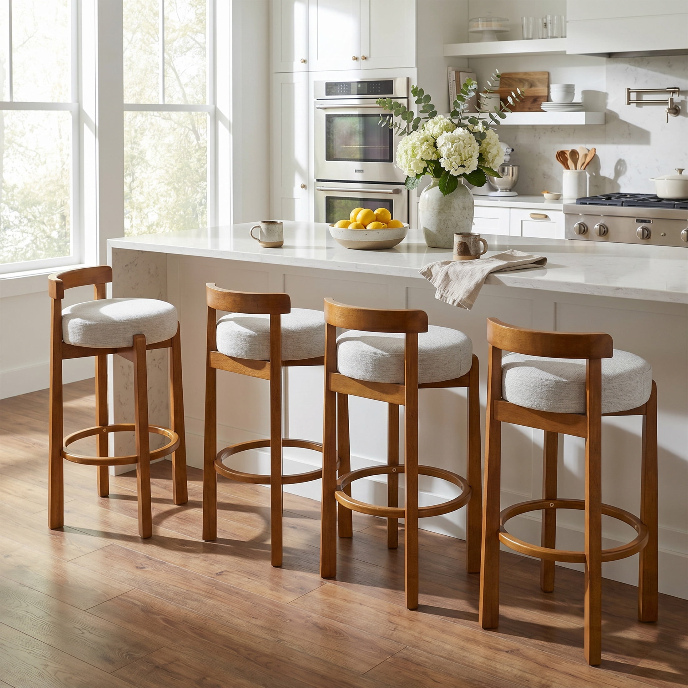 Christopher Knight Home Rustic Upholstered Bar Stools with Round Backs, Solid Wood Frame, Ivory, Set of 4