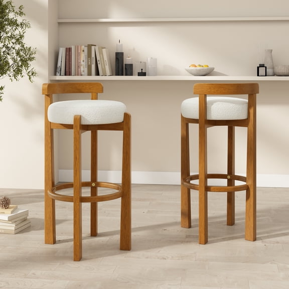 Christopher Knight Home Rustic Upholstered Bar Stools with Round Backs, Solid Wood Frame, White, Set of 2