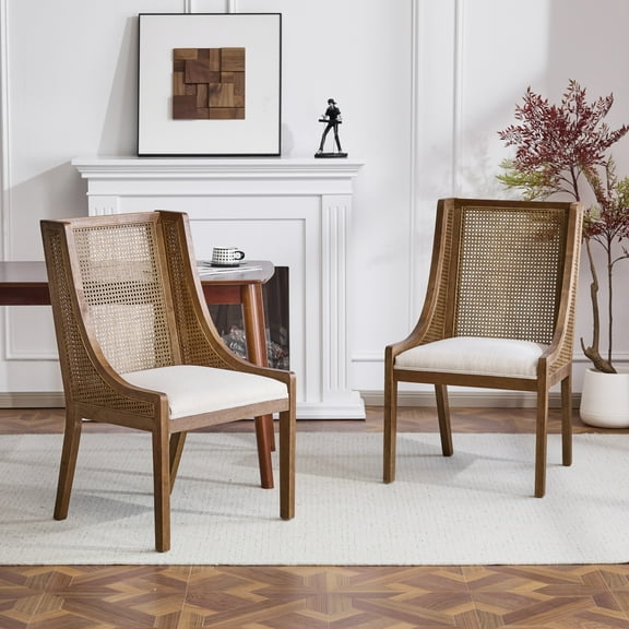 Christopher Knight Home Rustic Upholstered Dining Chairs with Woven Rattan Backs, Solid Wood Frame, Beige, Set of 2