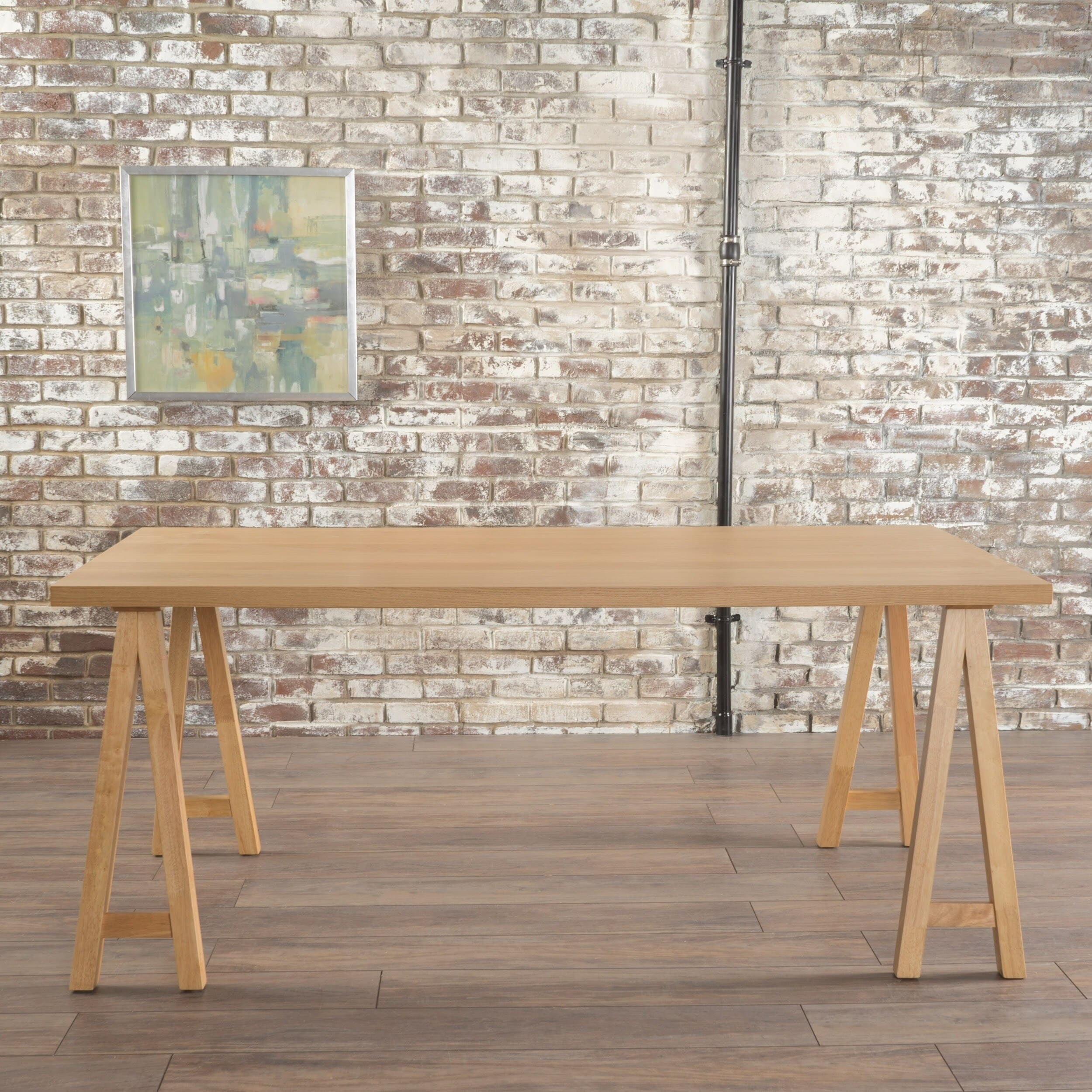Natural Oak Finish Farmhouse Dining Table with Wooden Legs