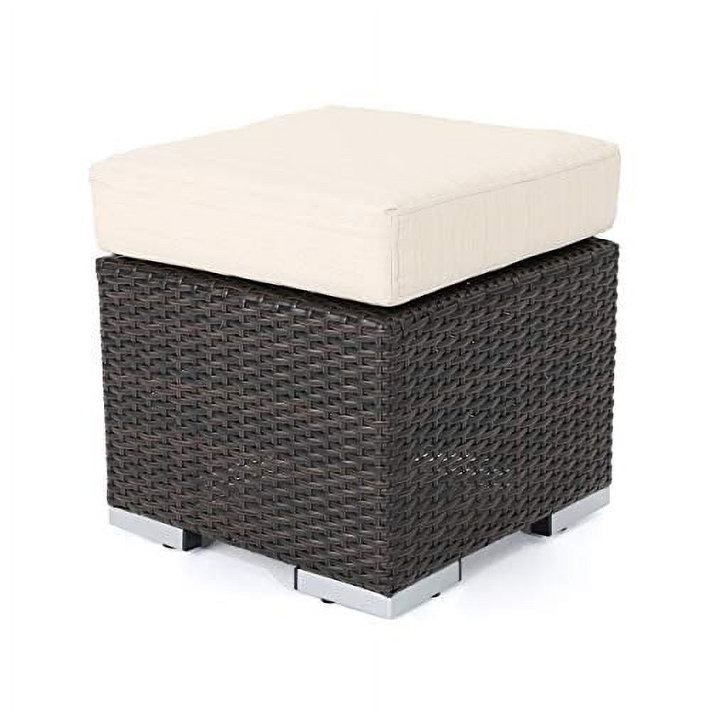 Multibrown and Beige Faux Rattan Outdoor Ottoman with Water-Resistant Cushion