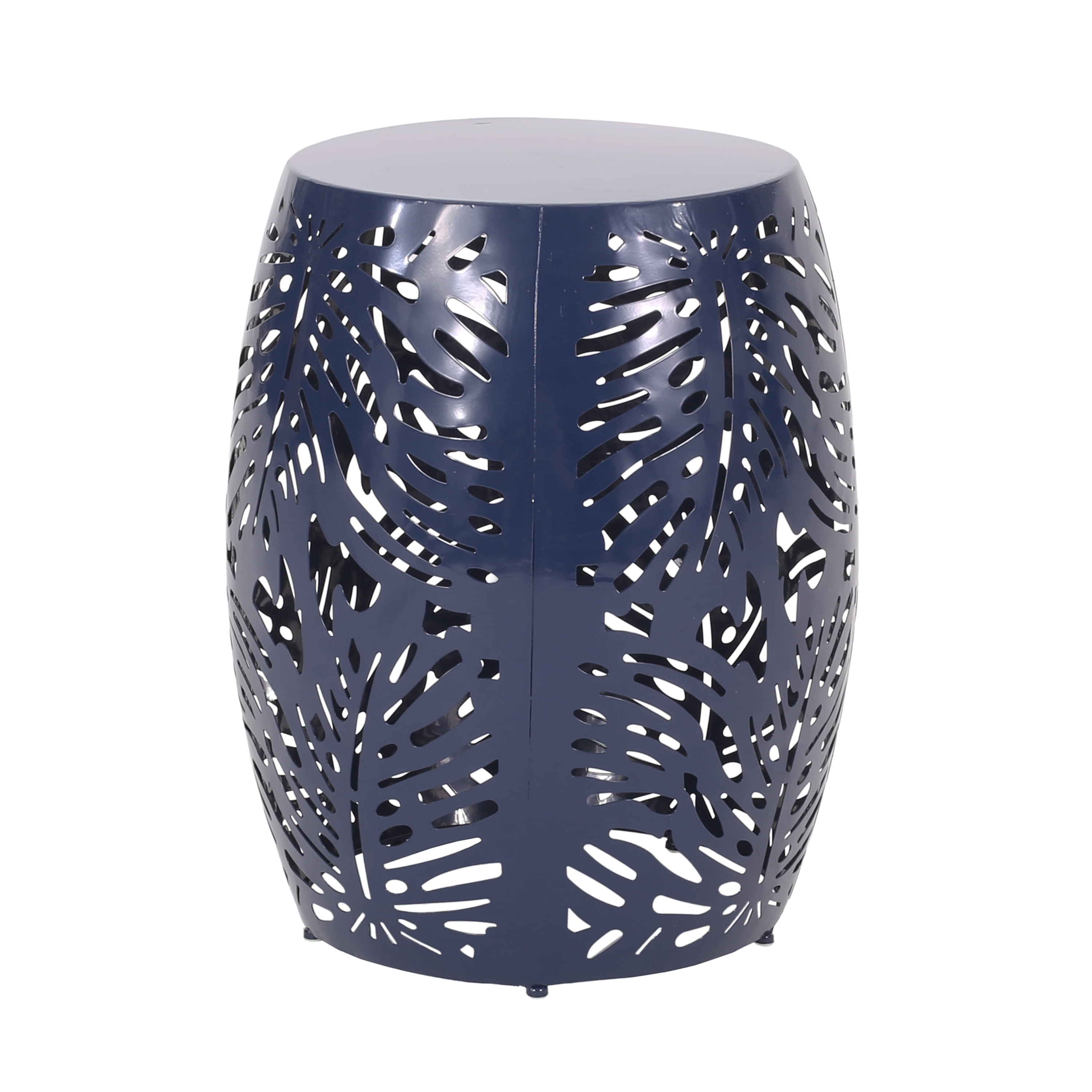 Navy Blue Powder-Coated Iron Outdoor Side Table with Tropical Palm Leaf Design