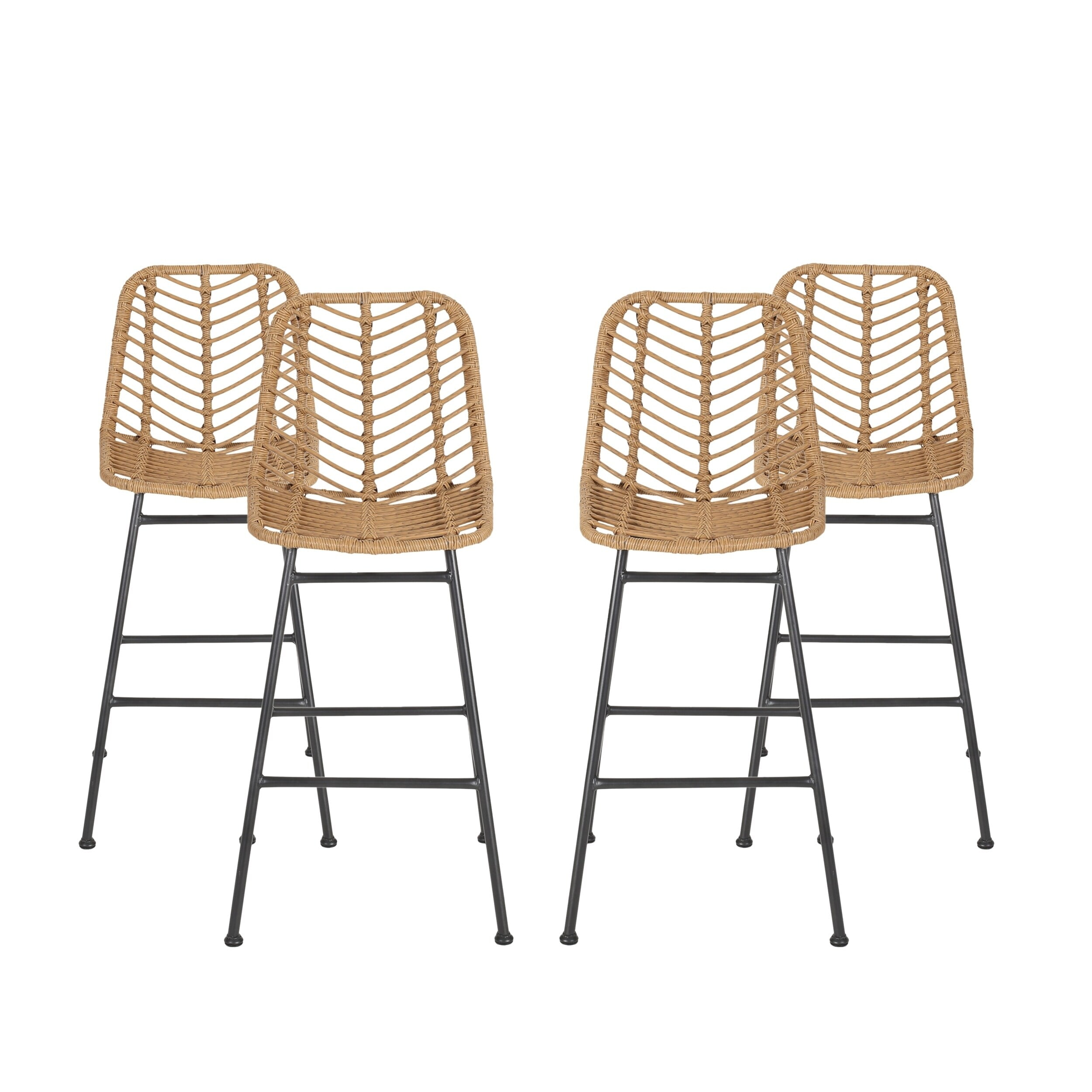 Light Brown and Black Wicker Barstools Set of 4