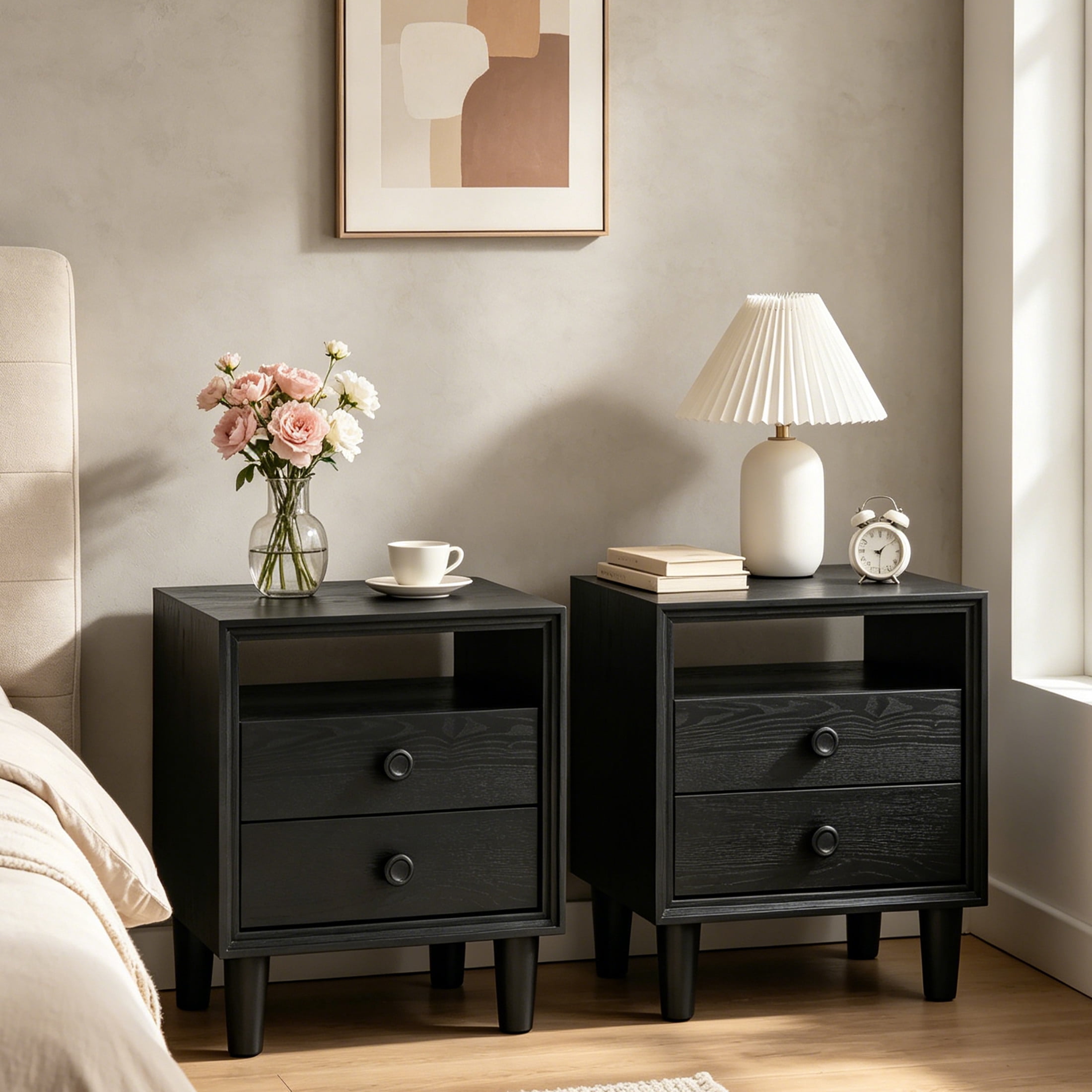 Christopher Knight Home Scandinavian 2-Drawer Nightstand with Open Shelf, Wood Bedside Table, Black, Set of 2