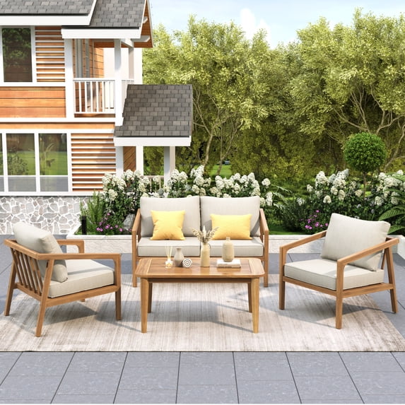 Christopher Knight Home Scandinavian 4 Pieces Patio Conversation Set, Outdoor Sectional Solid Wood Furniture Set, Beige