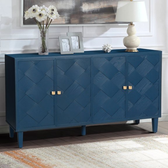 Christopher Knight Home Scandinavian 60" Sideboard, Geometric Pattern Accent Cabinet, Gold Handles, Navy Blue