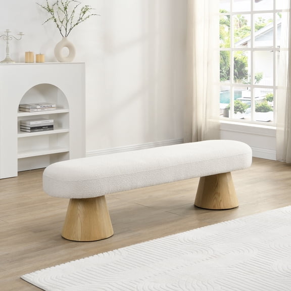 Christopher Knight Home Scandinavian 63" Entryway Bench, Boucle Upholstered Ottoman, Beige