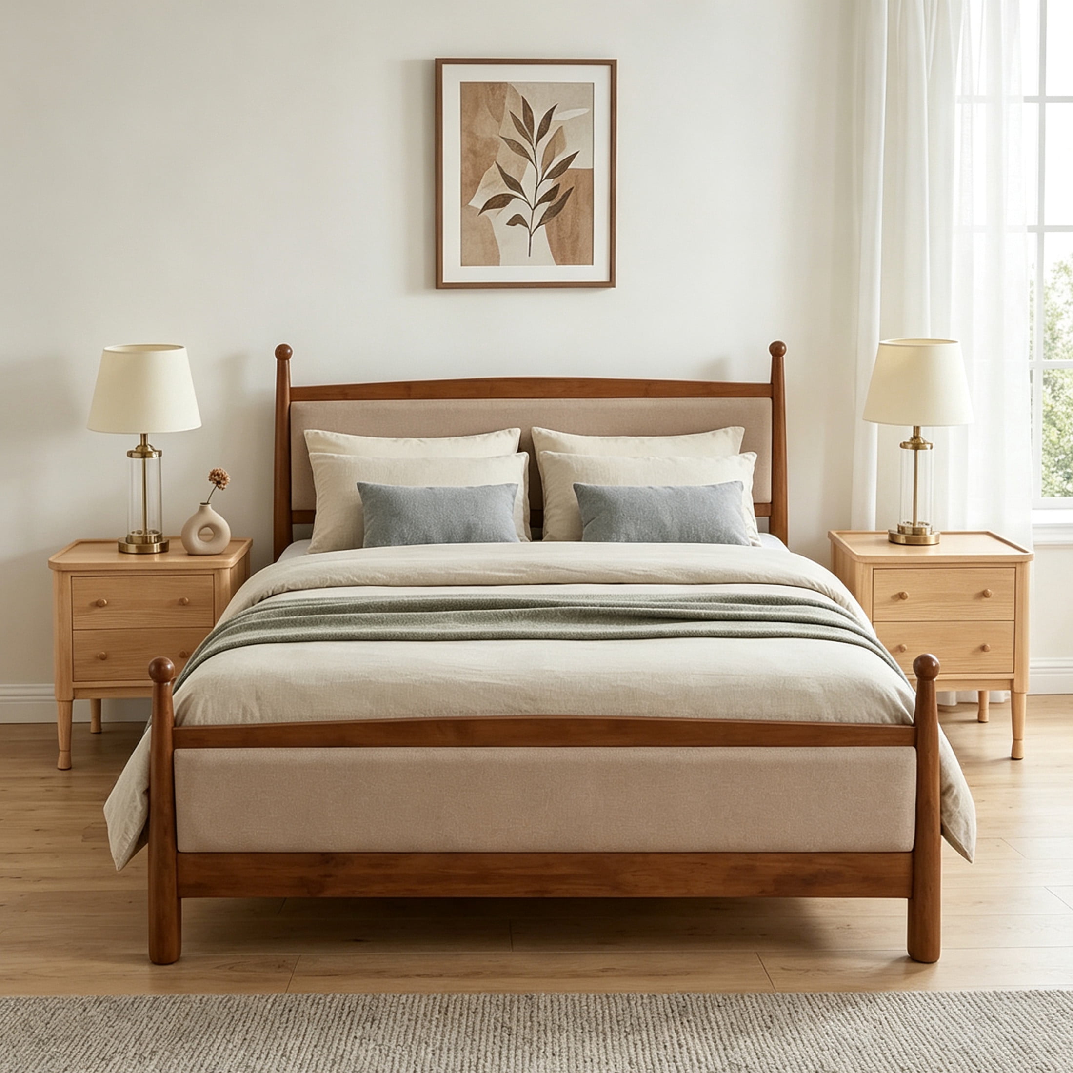 Christopher Knight Home Vintage Bedroom Set, King Upholstered Bed with 2 Nightstands, Cherry+Natural