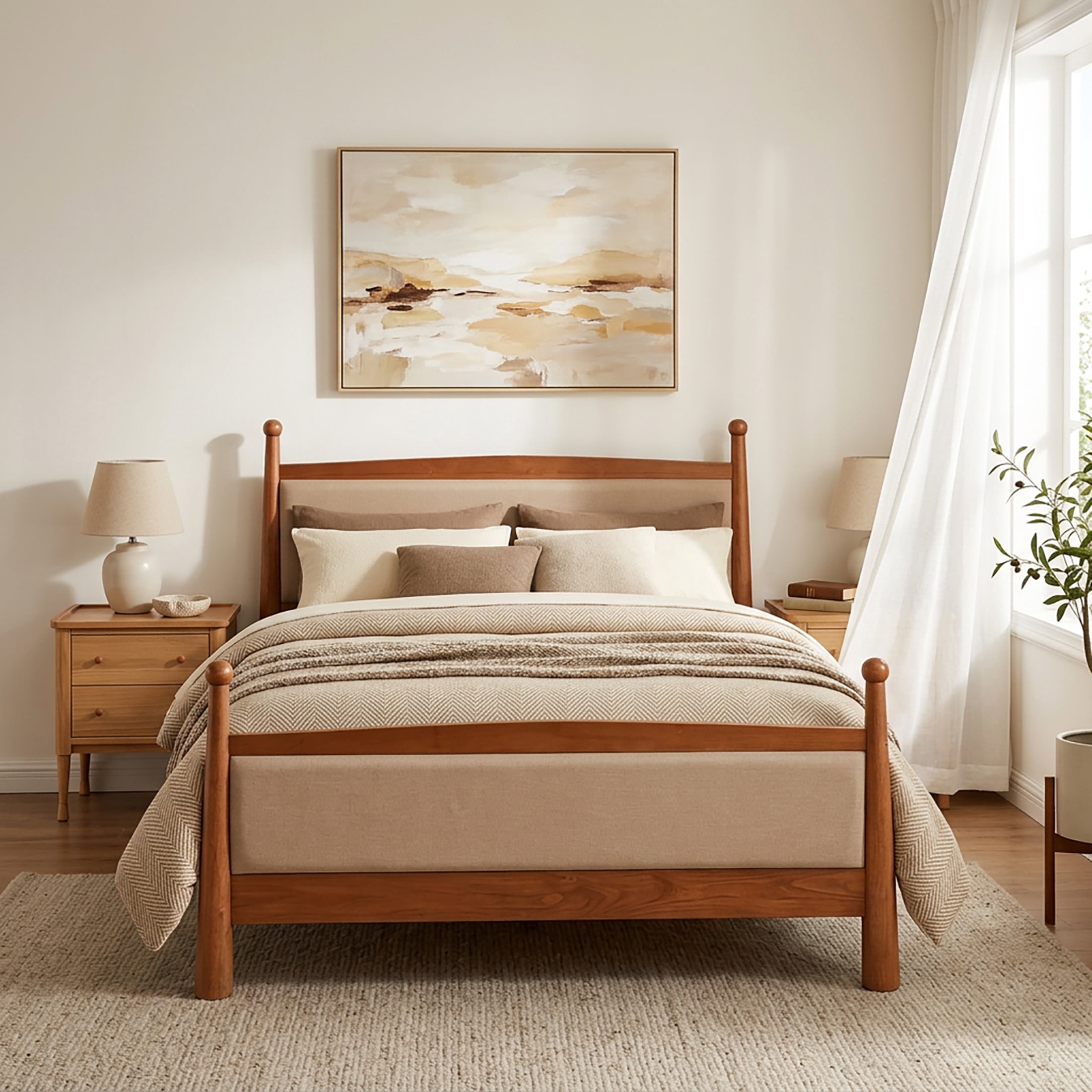 Christopher Knight Home Vintage Bedroom Set, Queen Upholstered Bed with 2 Nightstands, Cherry+Natural