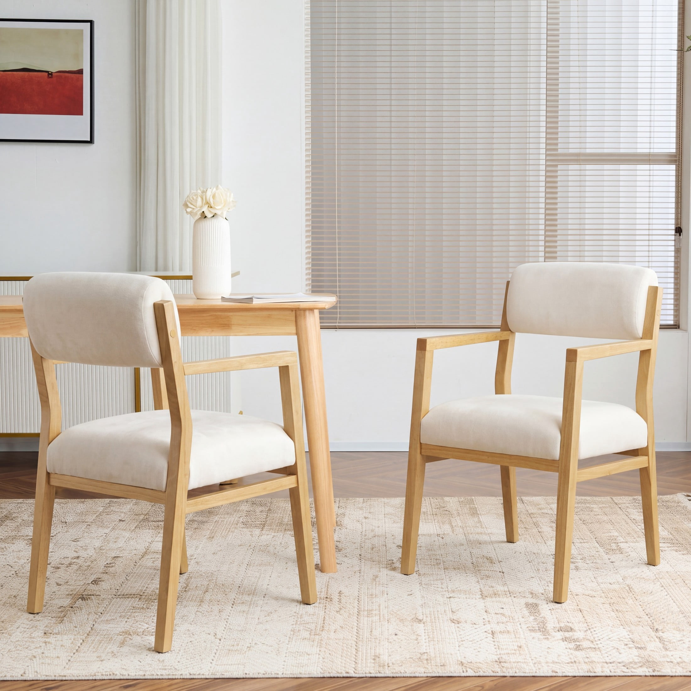Christopher Knight Home Scandinavian Upholstered Dining Armchairs, Wood Frame, Natural+Beige, Set of 2