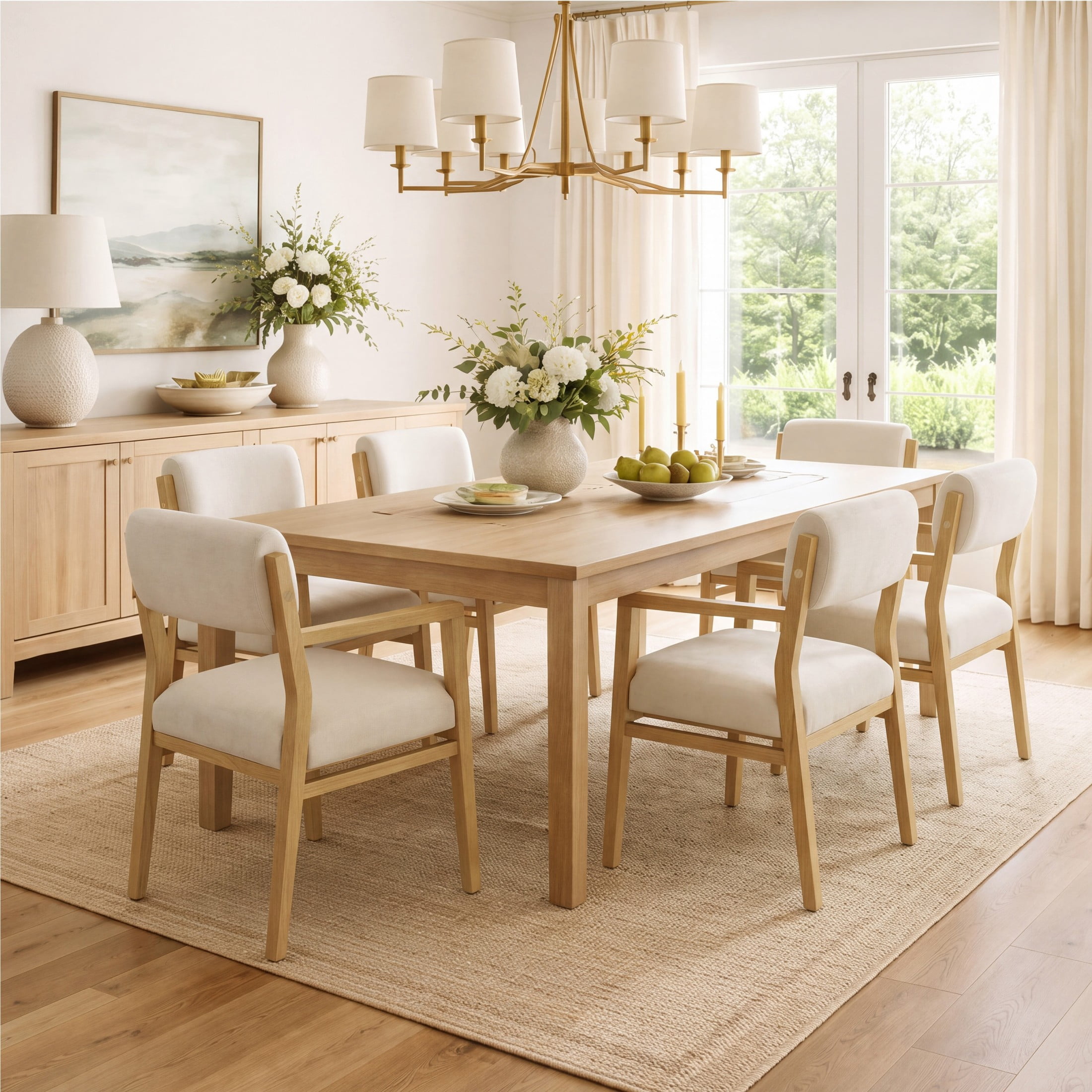 Christopher Knight Home Scandinavian Upholstered Dining Armchairs, Wood Frame, Natural+Beige, Set of 6