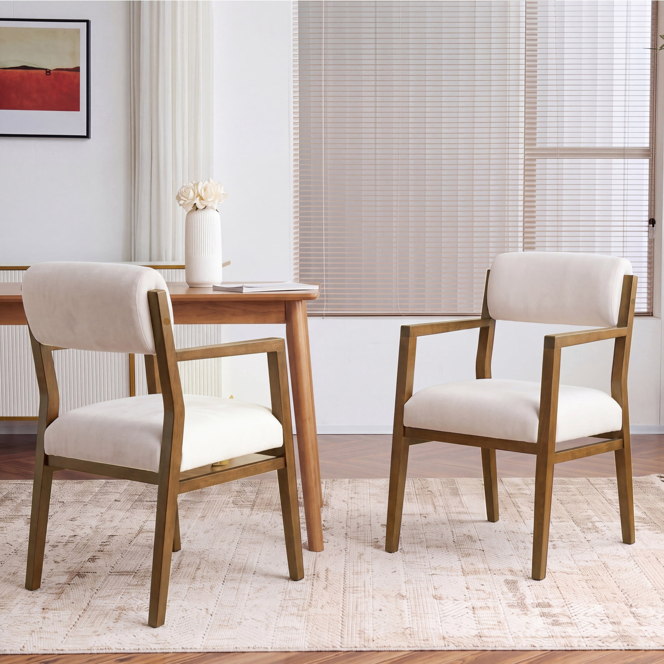 Christopher Knight Home Scandinavian Upholstered Dining Armchairs, Wood Frame, Walnut+Beige, Set of 2