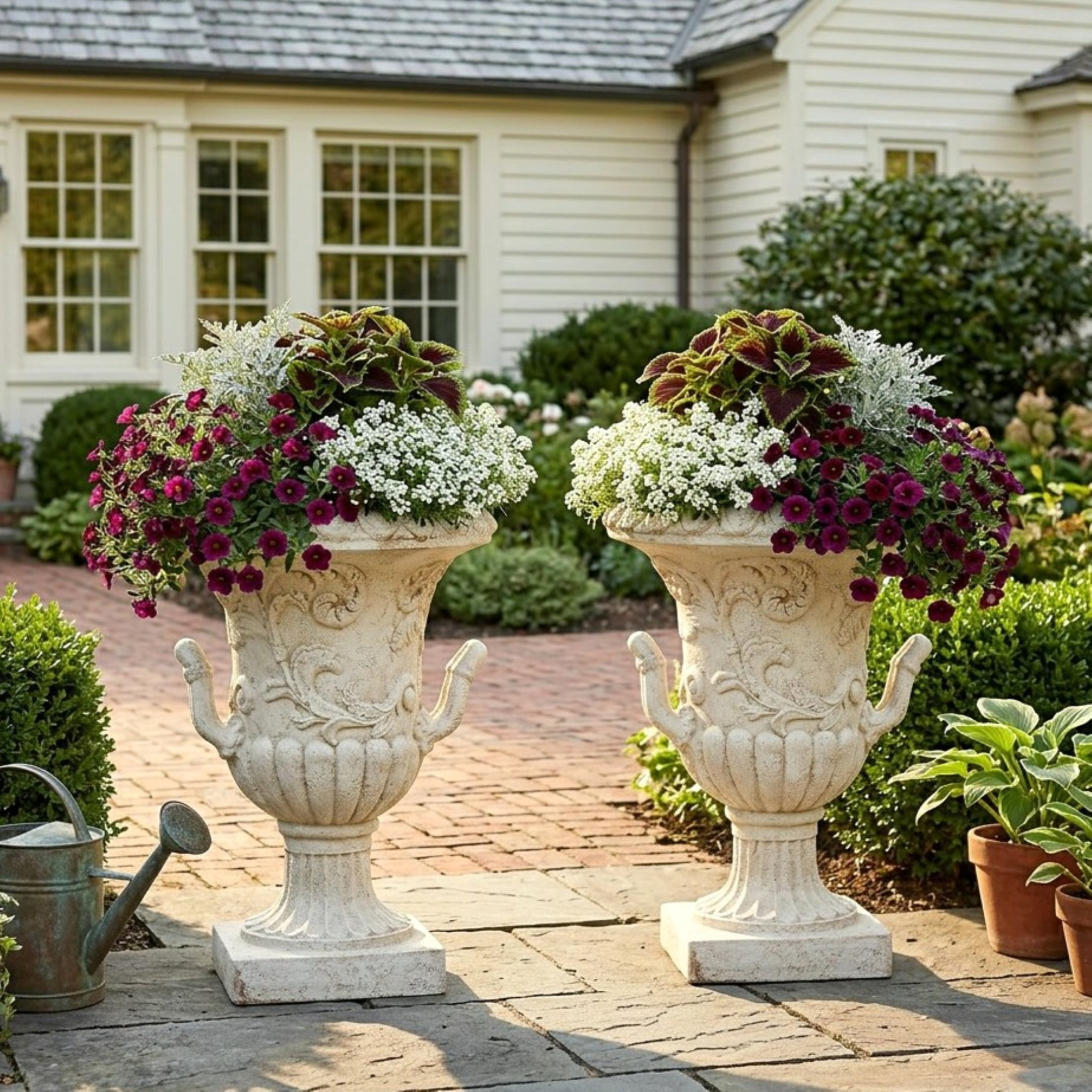 Christopher Knight Home Scrollwork Relief Urn Planter with Handles, Decorative Vase, Antique White, Set of 2