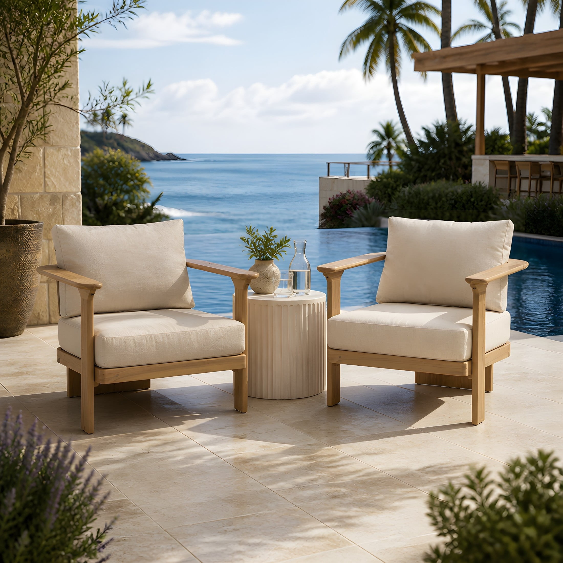 Christopher Knight Home Set of 2 Acacia Wood Outdoor Club Chairs with Water Repellent Cushions, Brown+Beige